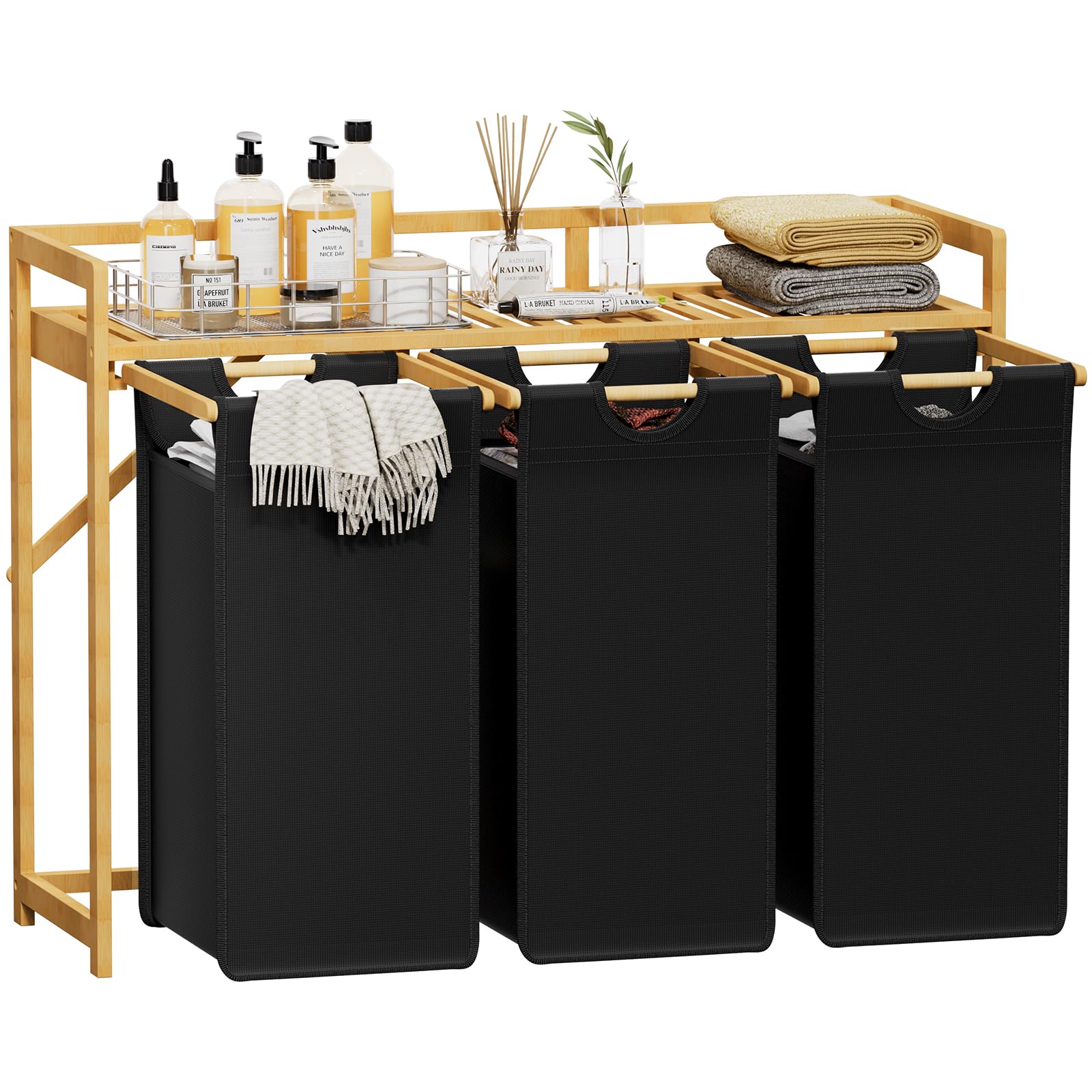 Lifewit Cesto para la Ropa 150L con 3 Compartimentos, Gran Cesta de Ropa con 3 Bolsas Extraíbles, Mueble para Ropa Sucia para Dormitorio, Baño, Lavadero, Negro