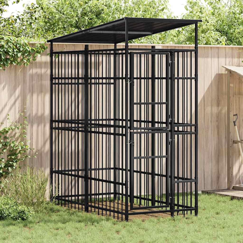 Gabbia per Cani da Esterno con Tetto in Acciaio 103 x 200 x 228 cm Nero