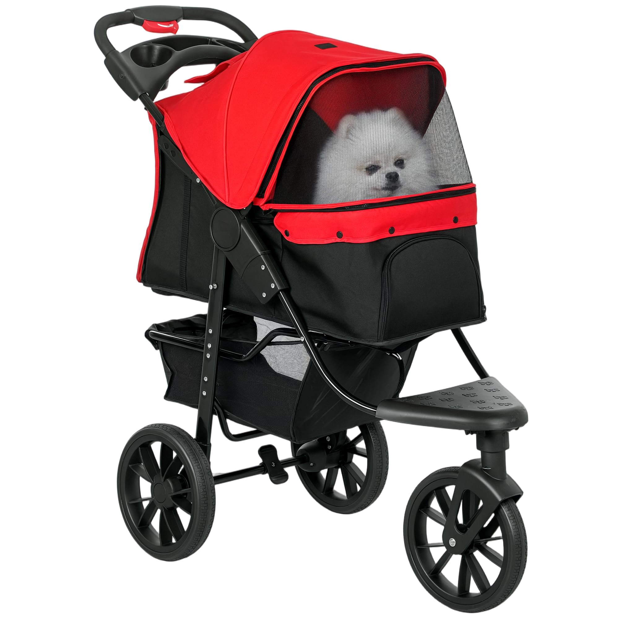 PawHut Poussette pour Chien Pliable 3 Roues Tout-Terrain 25kg - Grande Roue 12" Antichoc et Légère - Chariot Animaux avec Ouverture Arrière pour Petit Chien et Chiens Âgés de Moins de 10kg, Rouge