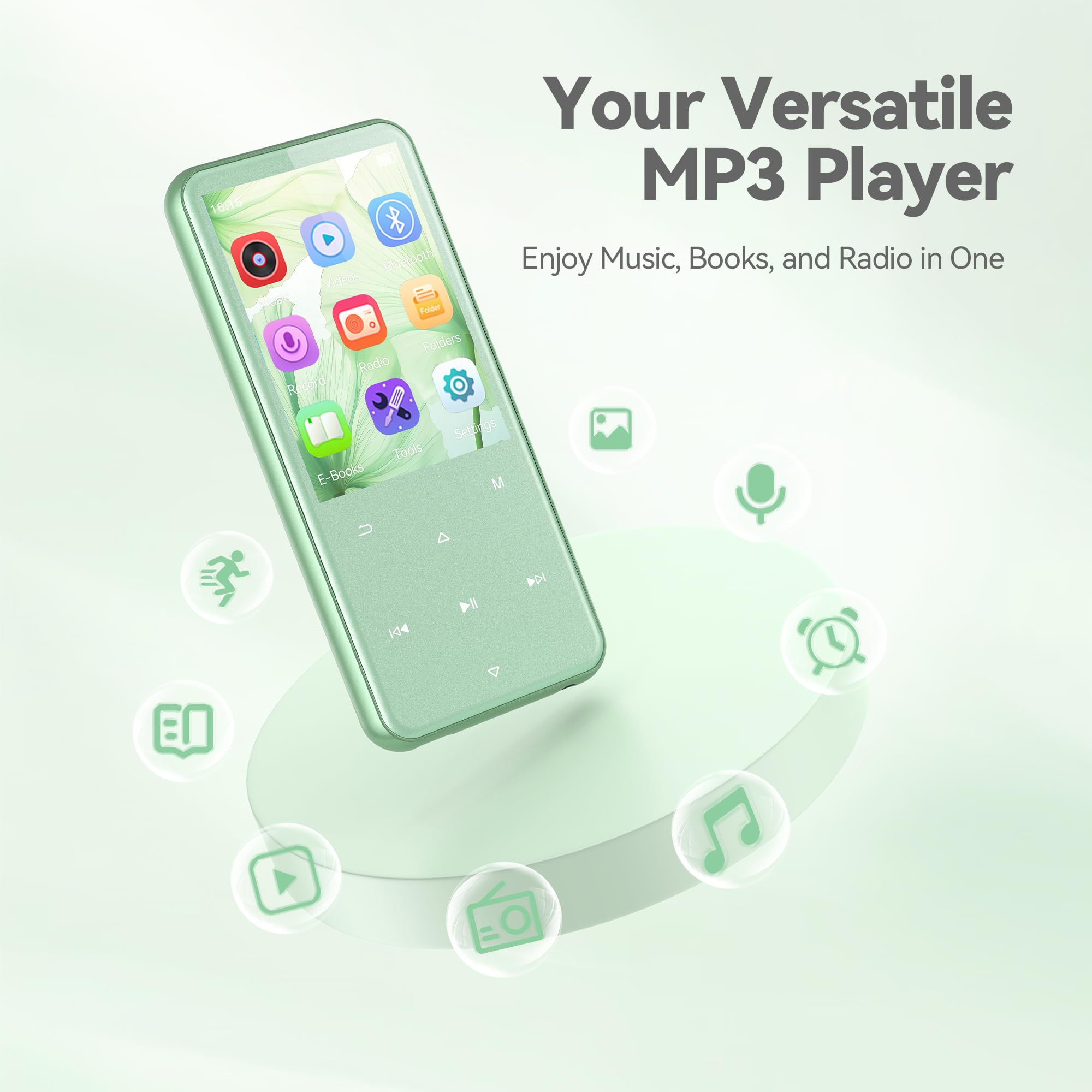 AGPTEK 2,4" MP3 Player & Tasche, 64GB MP3 Player Bluetooth 5.3 HiFi Musik Kinder MP3 Player mit Lautsprecher, Touch-Tasten, FM-Radio, E-Book, Aufnahme, Unterstützung bis zu 128 GB, Grün