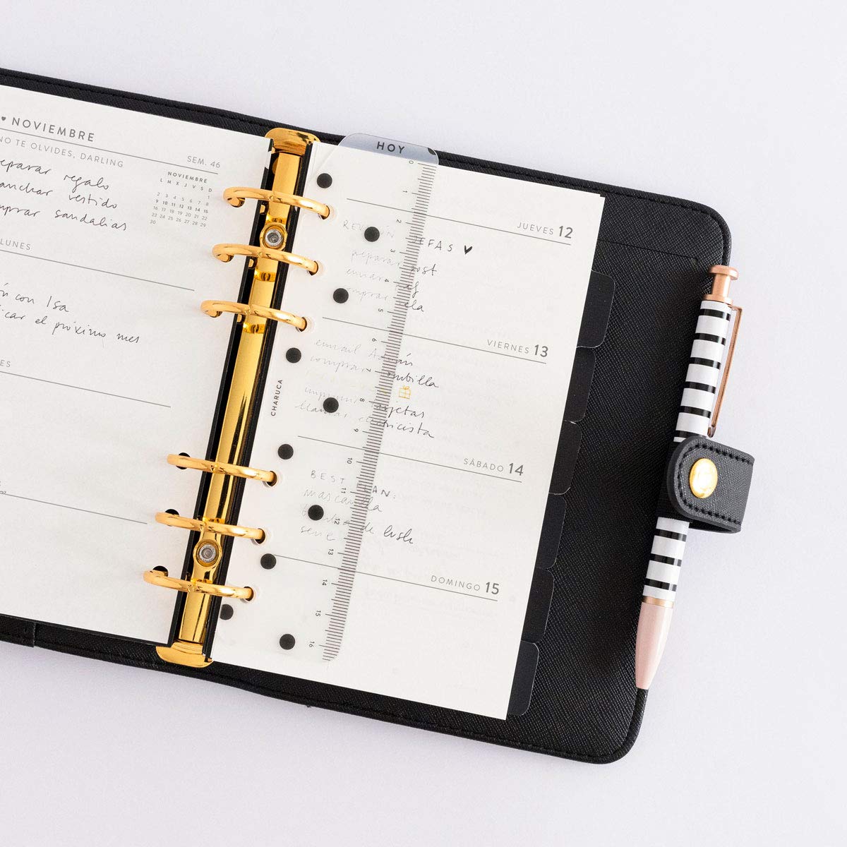 CHARUCA - Planificador Personal Charuca | Agenda de Anillas Sin Fecha con Pack Recambio de Agenda Semanal + Bloc Notas - Papel A6 120 Grs Medidas 14x19 cms (BLACK)