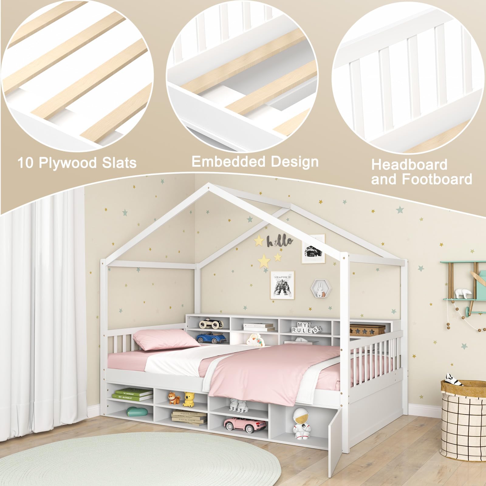 Giantex Canbana-Bett für Kinder, 115 x 200 cm, Bodenbett aus Holz mit Barriere, 14 Aufbewahrungswürfel, Schrank, 10 Latten, Design in Hausform, Belastung 200 kg, Montessori-Bett für Mädchen, Jungen,