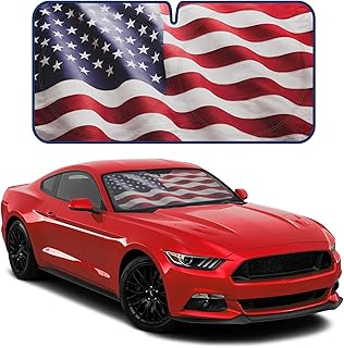 Motor Trend USA Americana Flag Car Windshield Sun Shade for Front Window, Foldable Car Sun Shade with Patriotic Graphic, Collapsible Sun Visor Sunshade for Cars Windshield (Medium 65" x 33")