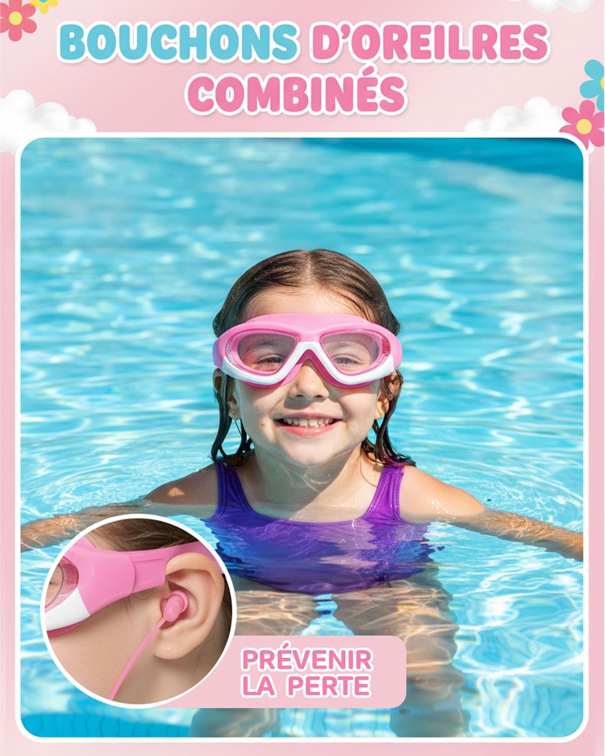 Lunettes de Natation pour Enfants avec Protections Nez et Oreilles, Verres Larges Anti-Buée et UV, Ajustement Confortable pour Filles et Garçons - 5