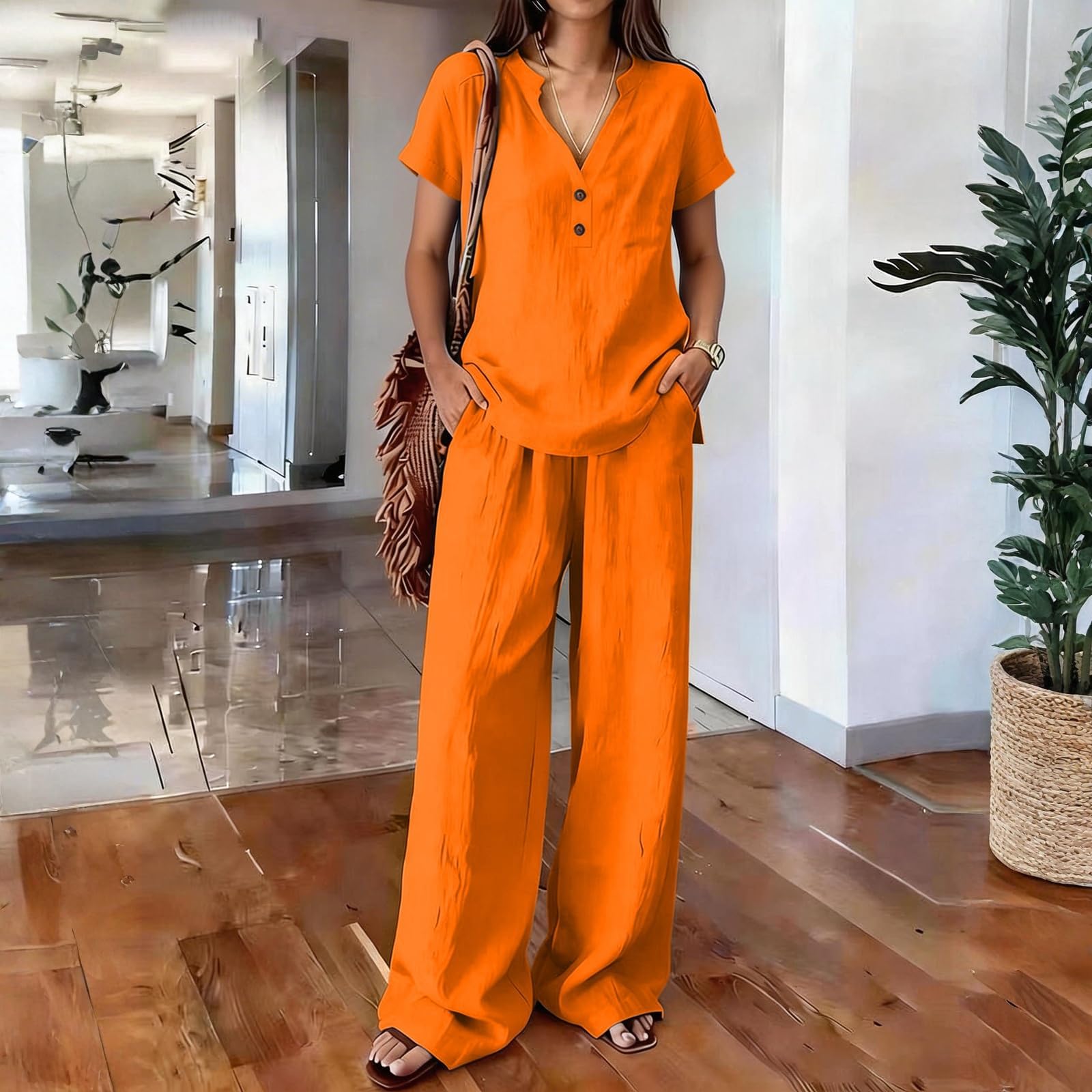 Ensemble Femme Pantalon Large Fluide et Haut Manches Courtes en Lin 2 Pieces Été Ample Respirant Ensembles de Décontracté Tenue de Plage Loungewear