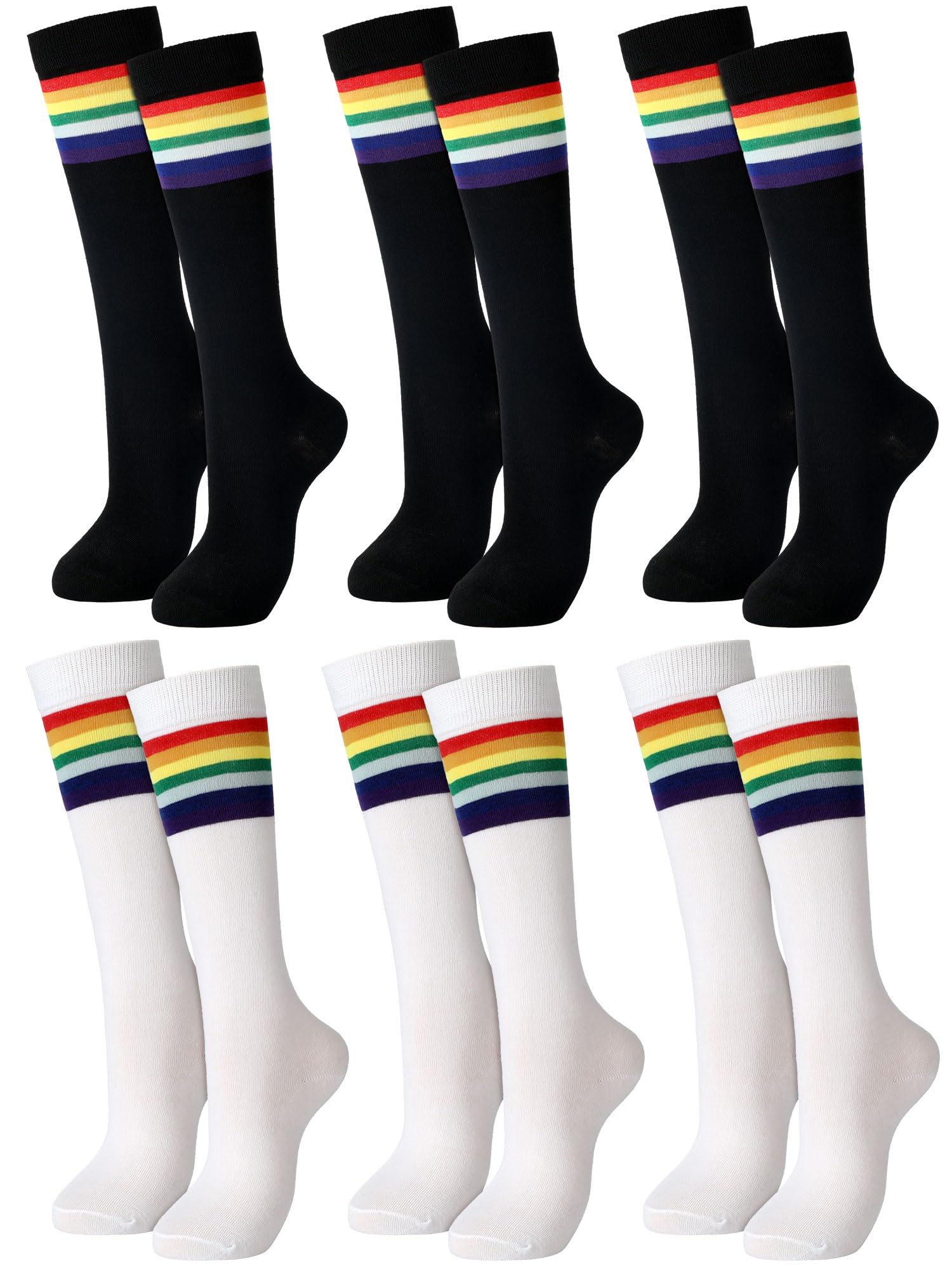Fourluoo6 Pairs Rainbow Knee High Socks Cotton LGBT Gay Socks Long Athletic Novelty Colorful Funny Tube Striped Stockings Costume Accessories for Unisex Women Men Pride Party Sports Soccer