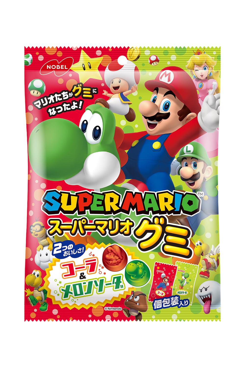 ノーベル スーパーマリオグミ コーラ＆メロンソーダ 85g × 48個  グミ おやつ お菓子 袋タイプ コーラ アソート Amazon | ノーベル製菓 スーパーマリオグミコーラ&メロンソーダ 85g ×6