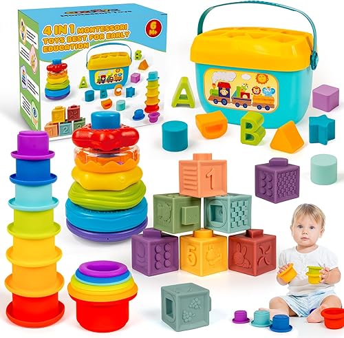 Montessori Juguetes para bebés de 6 a 18 meses con clasificador de formas sensoriales a juego, juguete apilable, bloques de construcción suaves,