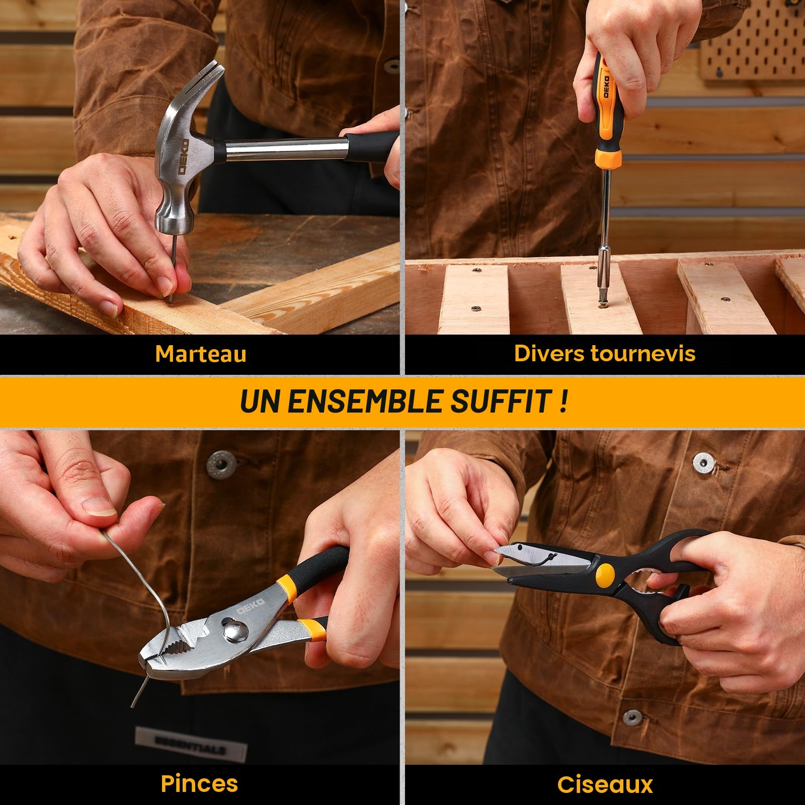 DEKO Outils Bricolage Kit - 62 Pièce Malette Outils à Main Ménage Général avec Boîte à Outils en Plastique Mallette de Rangement