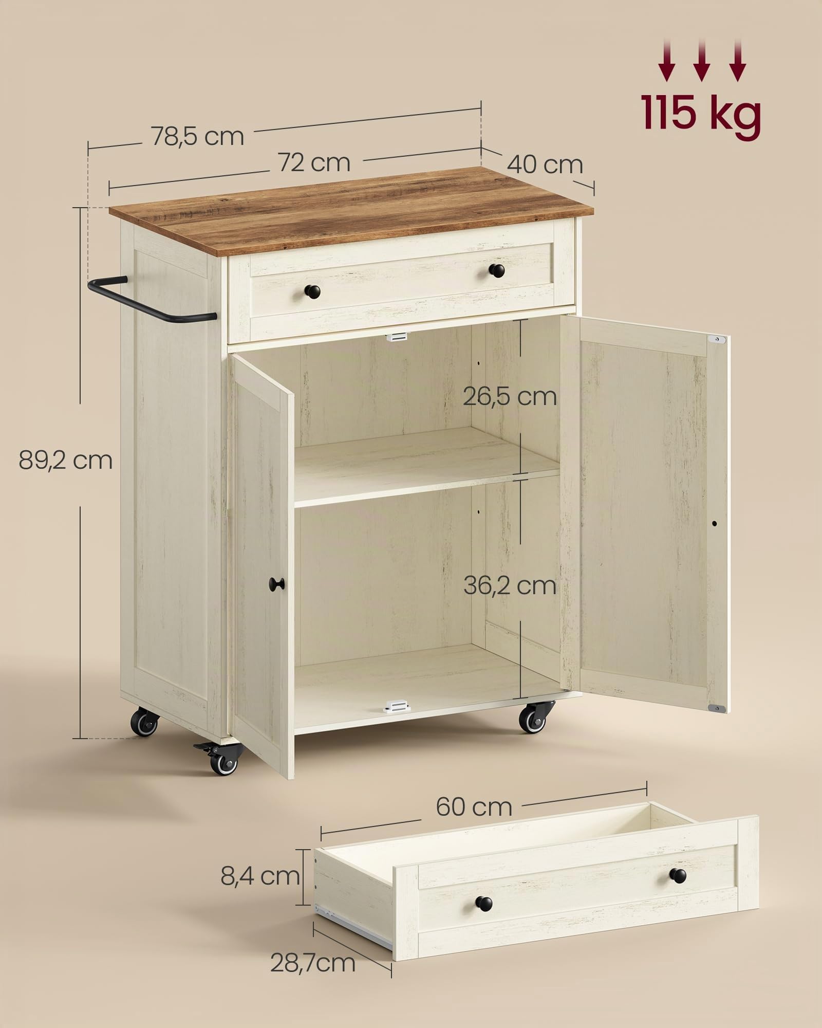 VASAGLE Siren Collection KKI009WJ01 - Mueble de Cocina, Isla de Cocina, con encimera, Ruedas, Carrito de Cocina, cajón, Estilo rústico, Estante Ajustable, Color Blanco Nube y marrón Miel