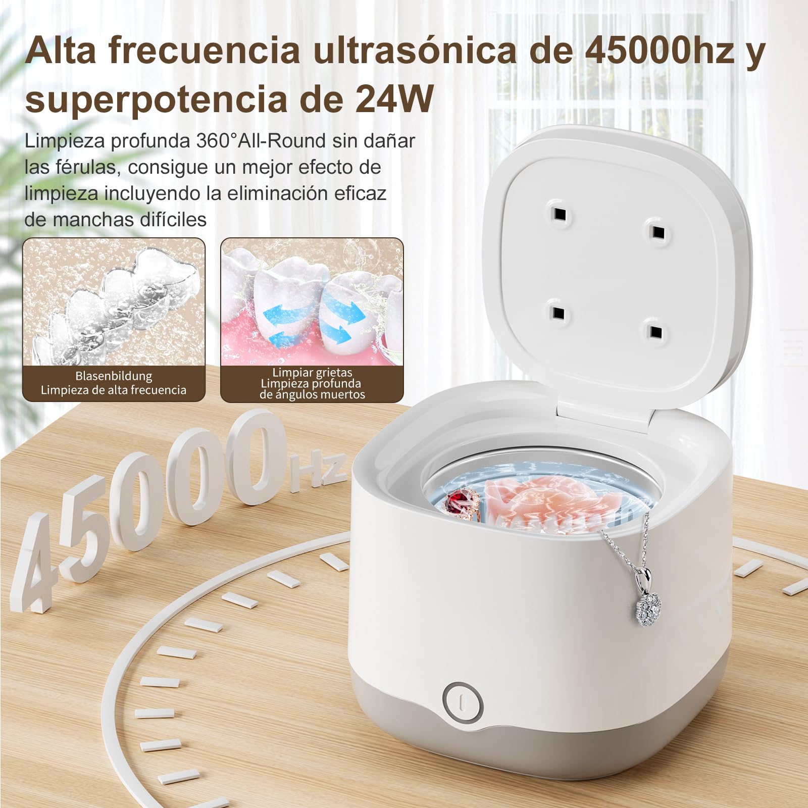Limpiador Ultrasonidos Portátil 45000Hz con Luz UV | 24W 200ml | Para Prótesis Dentales, Retenedores, Alineadores, Férulas, Joyas | Cámara de Limpiador Ferula Dental