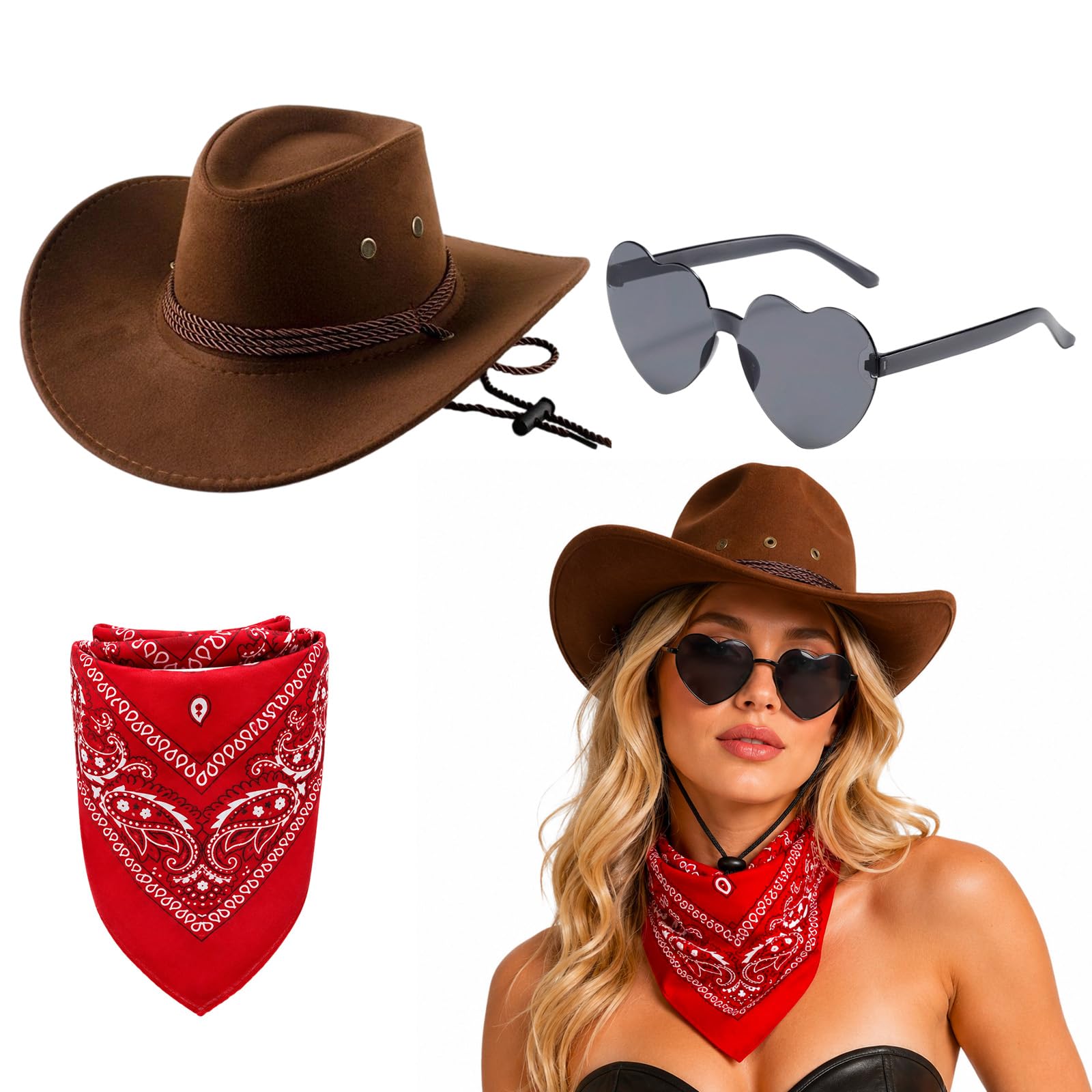YFHUVB Cowboy Hat Brown, Cowboy Hat and Bandana,Western Style Costume Set with Heart Sunglasses, Perfect for Halloween Parties and Themed Events