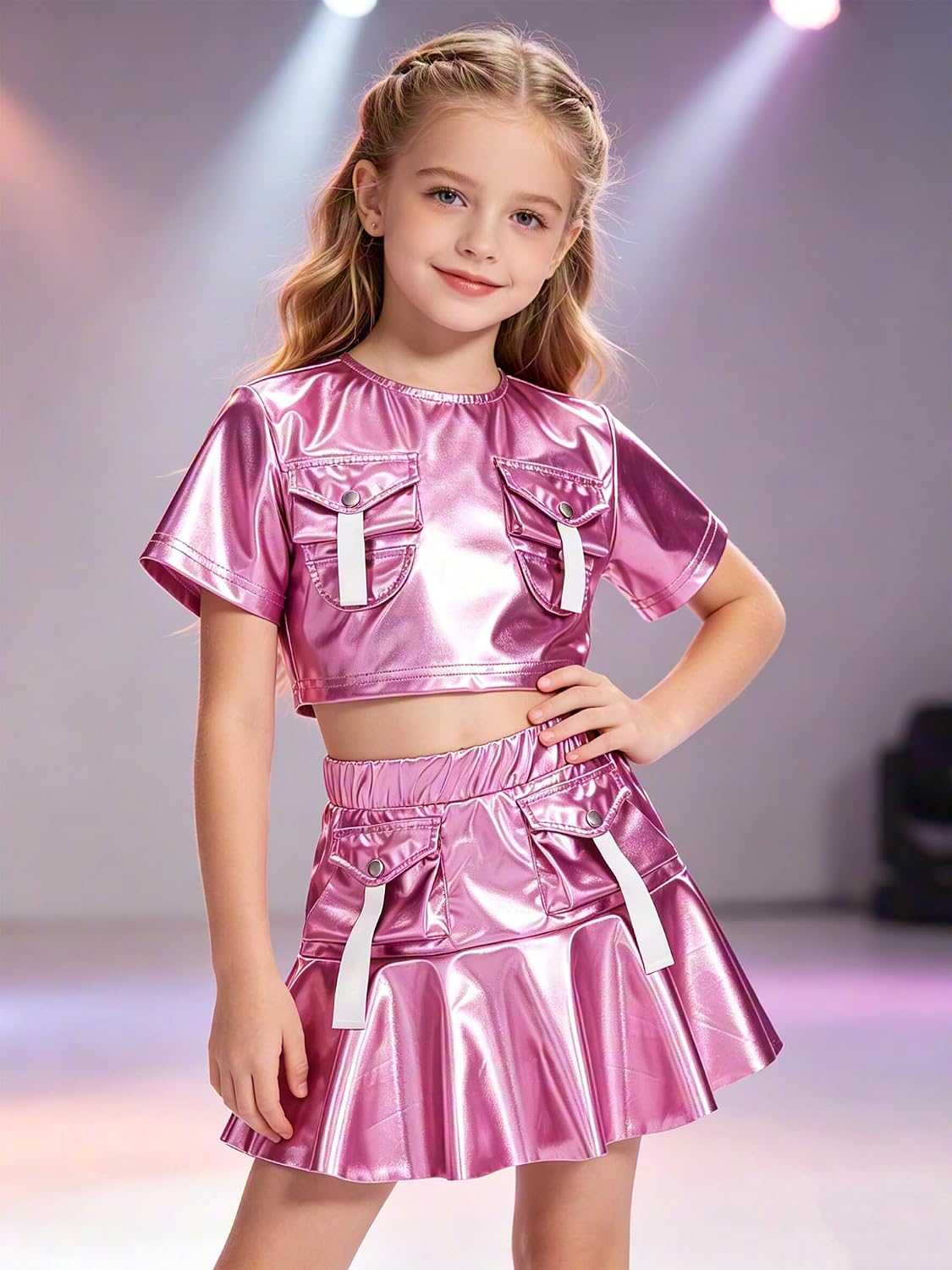 Kids Dancing Performance Clothes Shiny Dance Outfit | Hip Hop Dance Costume,Street Dancewear,Metallic Tops with Bottoms,Teamwear,Short Sleeves,Metallic,Breathable,Clubwear