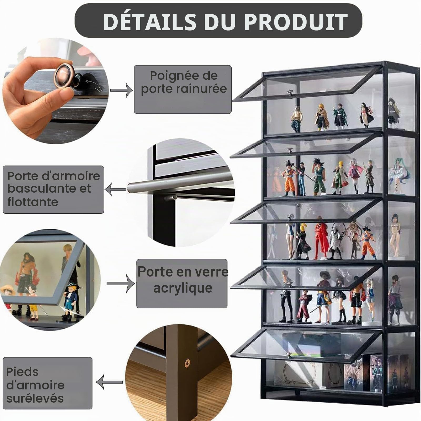 Cabinet d'exposition avec Porte en Verre Acrylique, boîte d'exposition Curio de 6 Niveaux, étagère de Collection de Jouets et étagères pour la Chambre