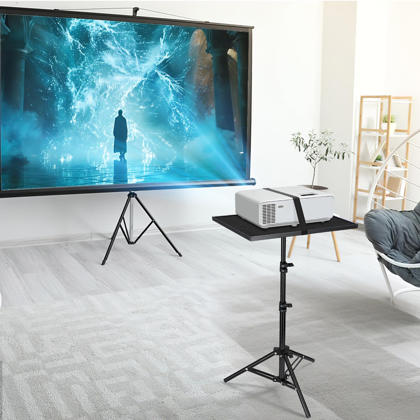Supporto Proiettore Regolabile Vassoio Multifunzionale in Metallo e Plastico, Altezza Massima 120cm, per Aula e Sala Conferenze
