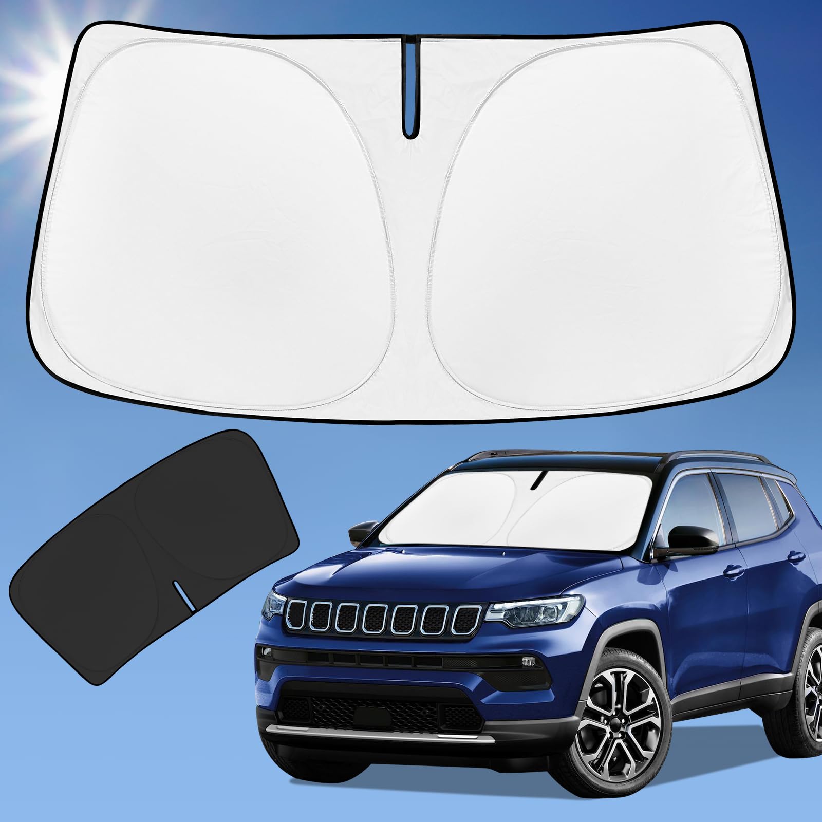 Sun Shade Sunshade for Jeep Compass Windshield Cover, 4-Layer Front Window Shade Custom fit Compass 2017-2024 Sun Visor 240T Retractable Shield Shade Blocks UV Rays Cooler Car Accessories