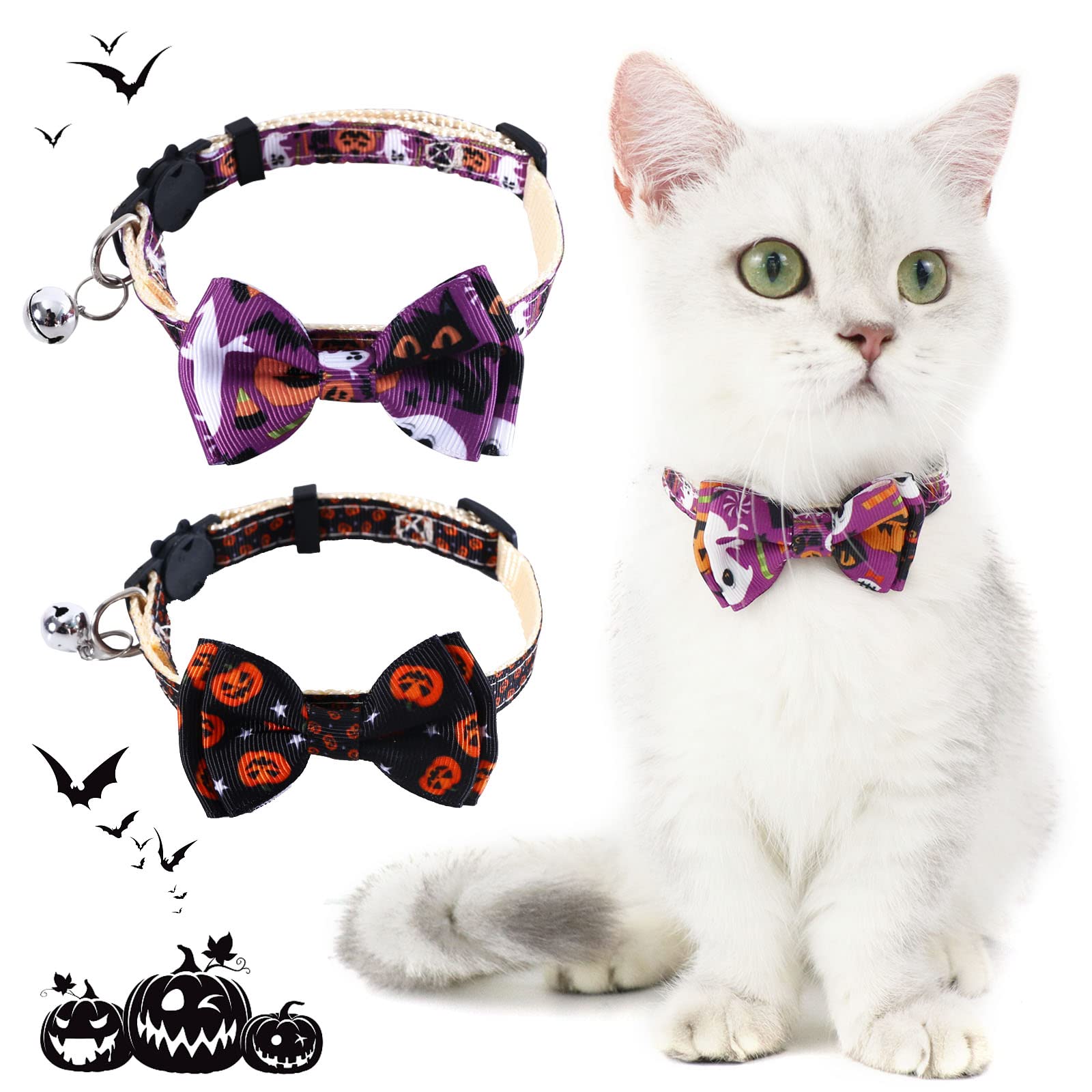 2 Pack Adjustable Cat Collar with Bell, Christmas Cat Collar Breakaway Kitten Collar Puppy Holiday Decoration Accessories