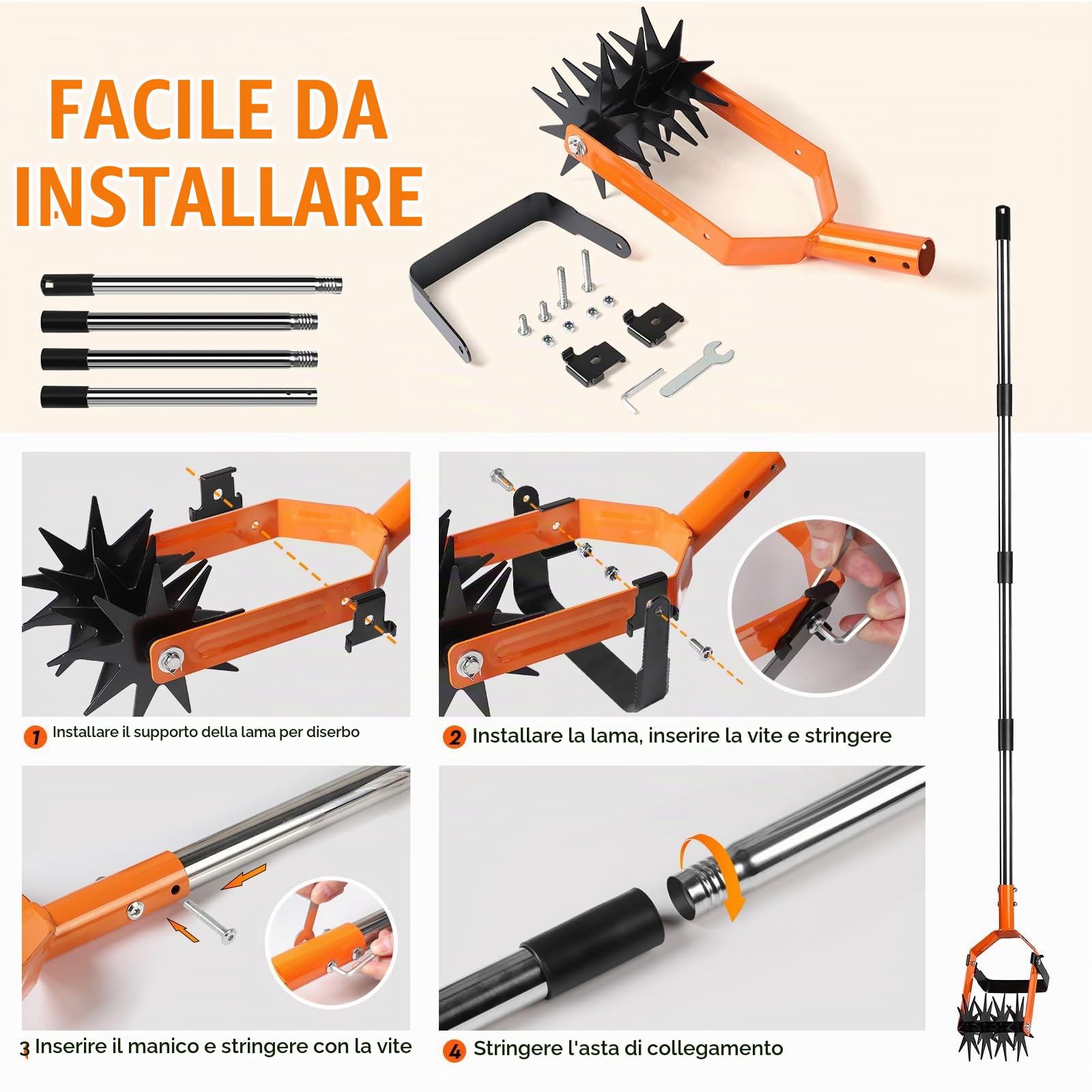 SWAWIS Attrezzo Rotativo per Coltivatore da Giardino con 4-Sezioni Manico in Acciaio Inossidabile, Fresa Manuale con Jätemesser per Pulizia del Terreno e Controllo delle Erbacce, Regolabile
