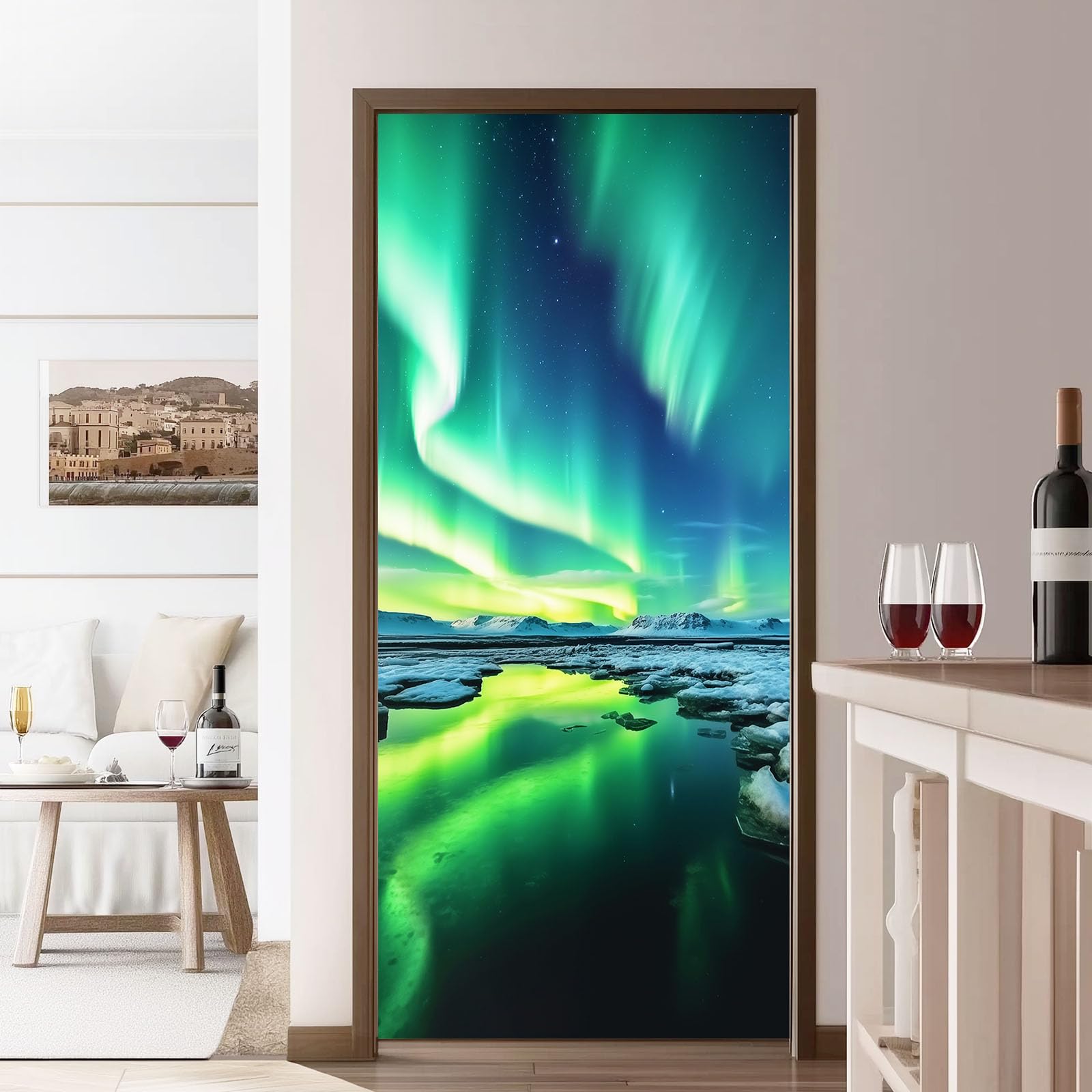 Natura, krajobraz 3D, mural na drzwi, samoprzylepny, zorza polarna, Islandia, sztuka, usuwalne murale, naklejki na drzwi, turkusowe naklejki z PCW, do sypialni, łazienki, biura, 95 x 215 cm, zestaw 2