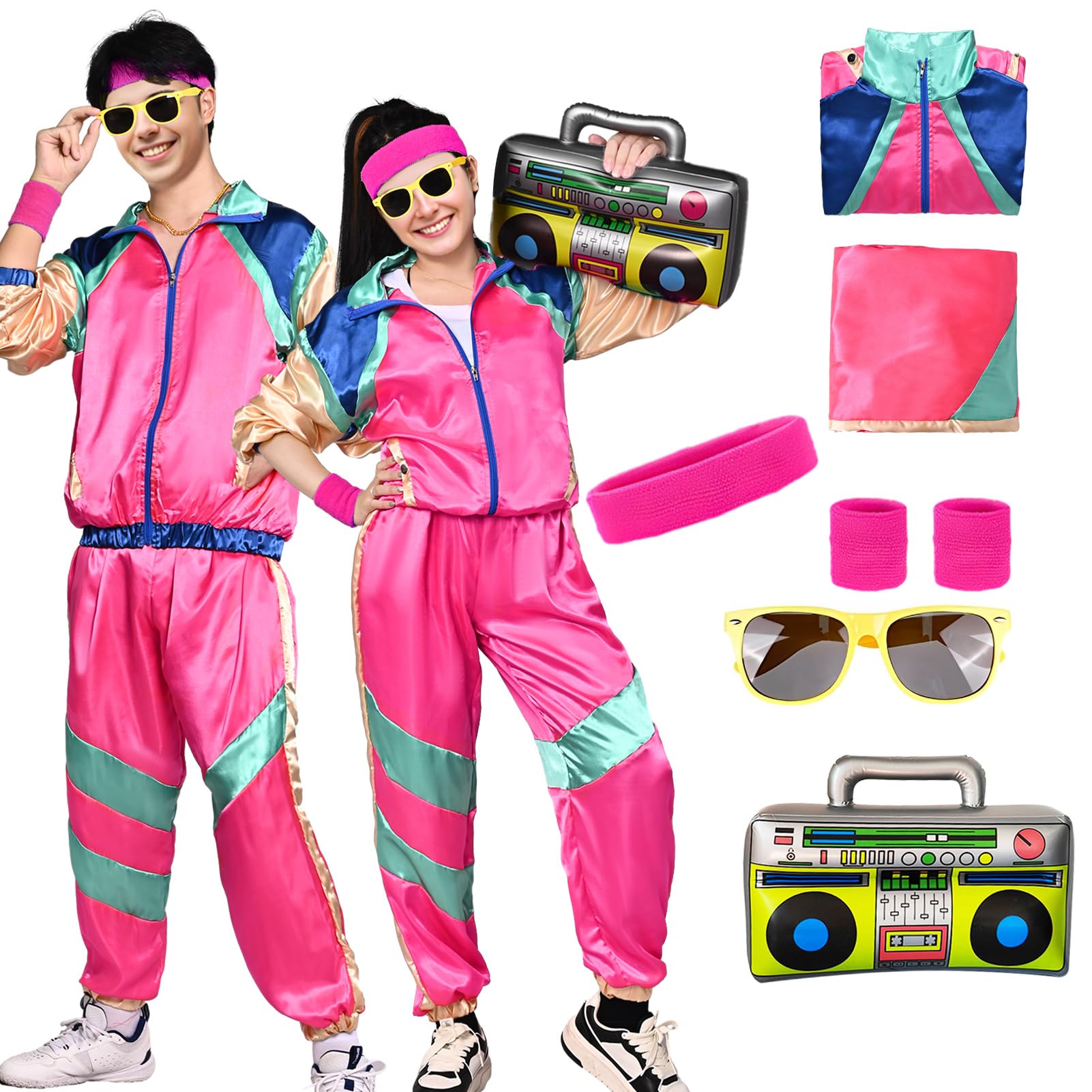 80s 90s Fancy Dress Costume Men Women Adults, Shell Suit Rave Tracksuit Retro Outfit Jacket Hip Hop Rapper Disco Accessories Carnival Halloween Party (Rose, 2XL)