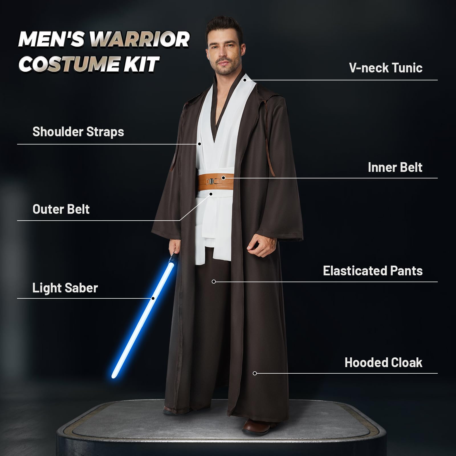IEEILULU Kostium Jedi dla mężczyzn, średniowieczna sukienka Jedi dla mężczyzn, kostium Jedi z kapturem z niebieskim mieczem laserowym, średniowieczna peleryna i tunika, na Halloween, karnawał