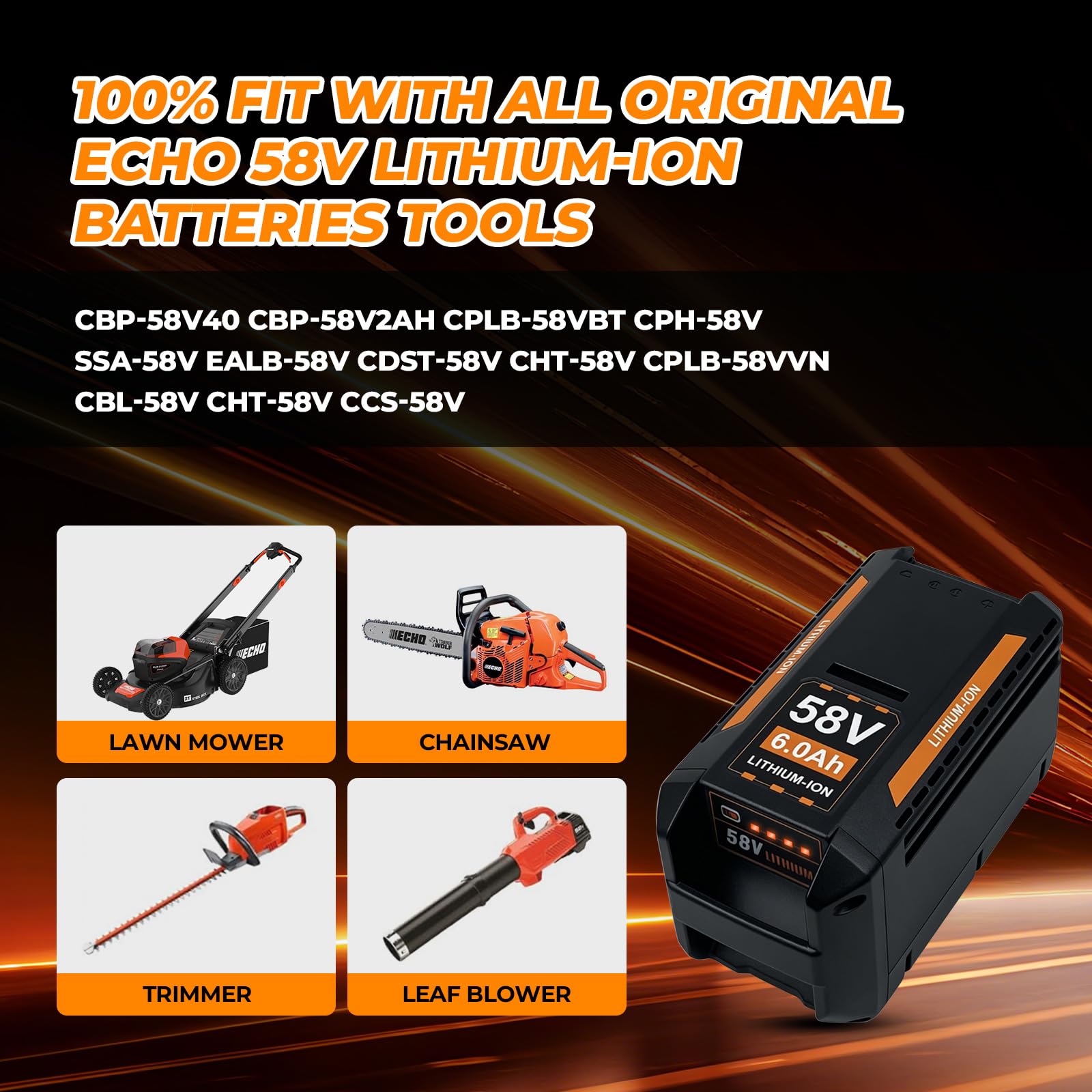 Batería de litio de 58 V y 6000 mAh, repuesto para batería Echo 58 V CBP-58V40 CBP-58V20 CBP-58V2AH CHT-58V CDST-58V CCS-58V CLM-58V, compatible con Echo 58 V MAX PRO serie herramientas eléctricas