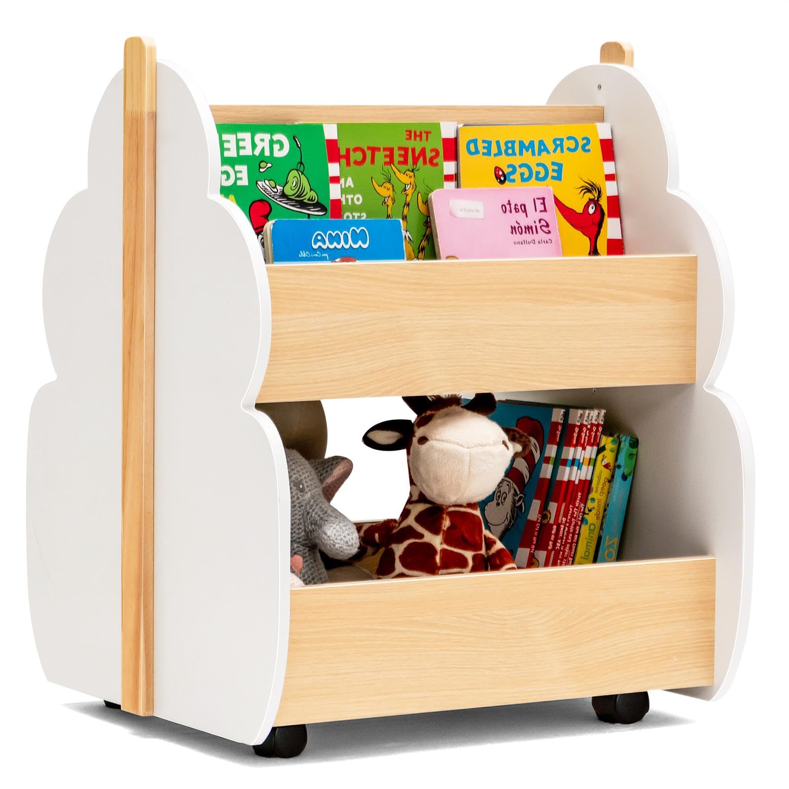 GOPLUS Estantería Infantil con Ruedas, Estantería de Madera, Ganchos de Madera de Pino y Aspecto de árbol, Estantería de Juguetes de 2 Niveles para Sala de Juegos, Habitación y Guardería (Blanco)