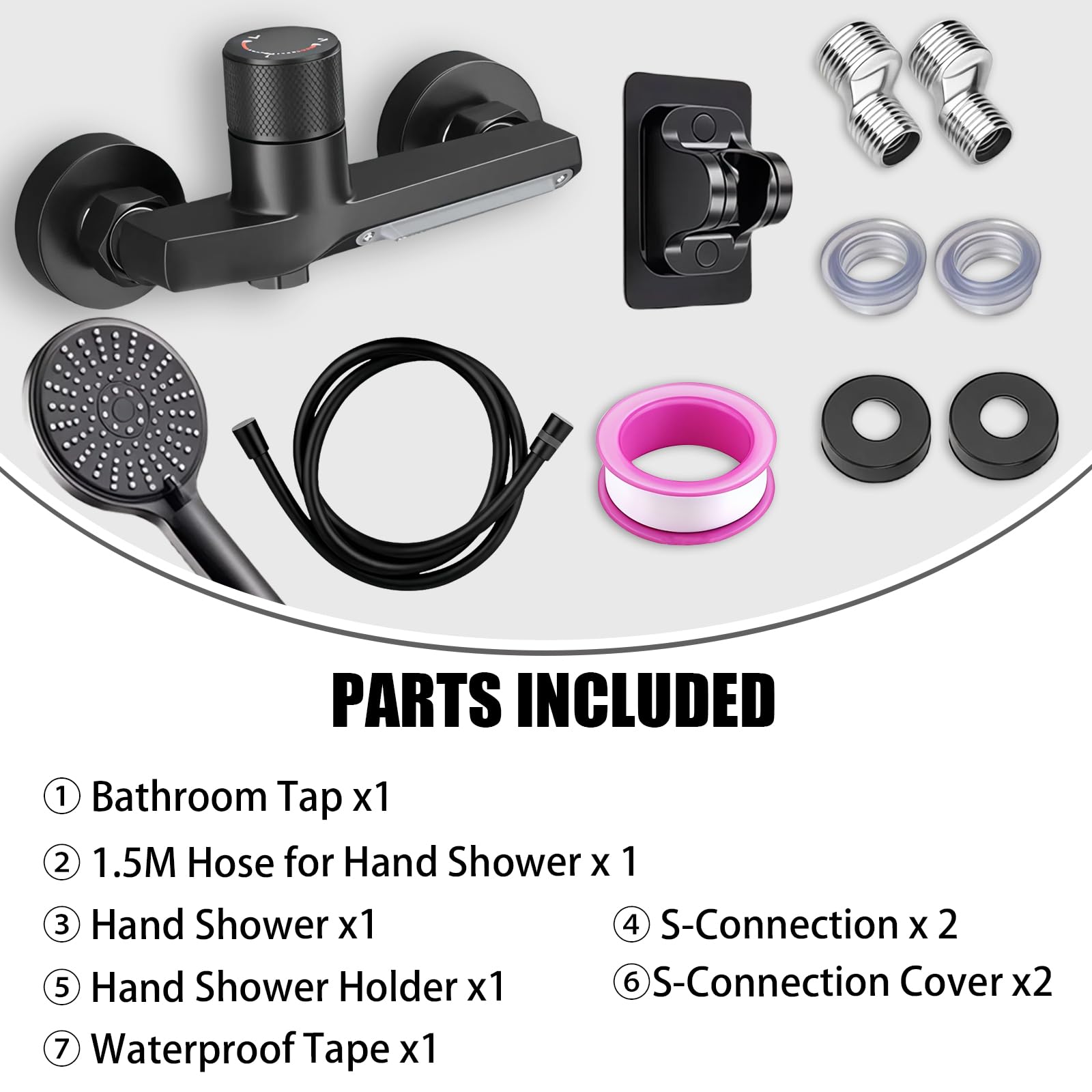 Rubinetto Vasca da Bagno a Cascata Nero, Miscelatore a Parete in Ottone Massiccio, Doccetta 5 Funzioni, Tubo Acciaio Inox 1,5m, Antiperdita per Bagno Moderno