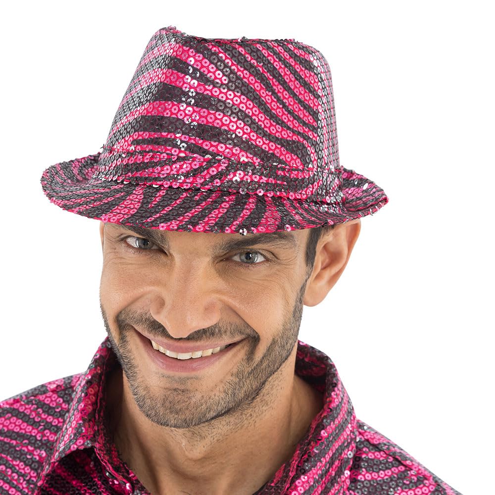 Pink Tiger Print Trilby Hat with Sequins – One-Size Sparkling Animal-Print Festival & Party Fedora-Style Hat