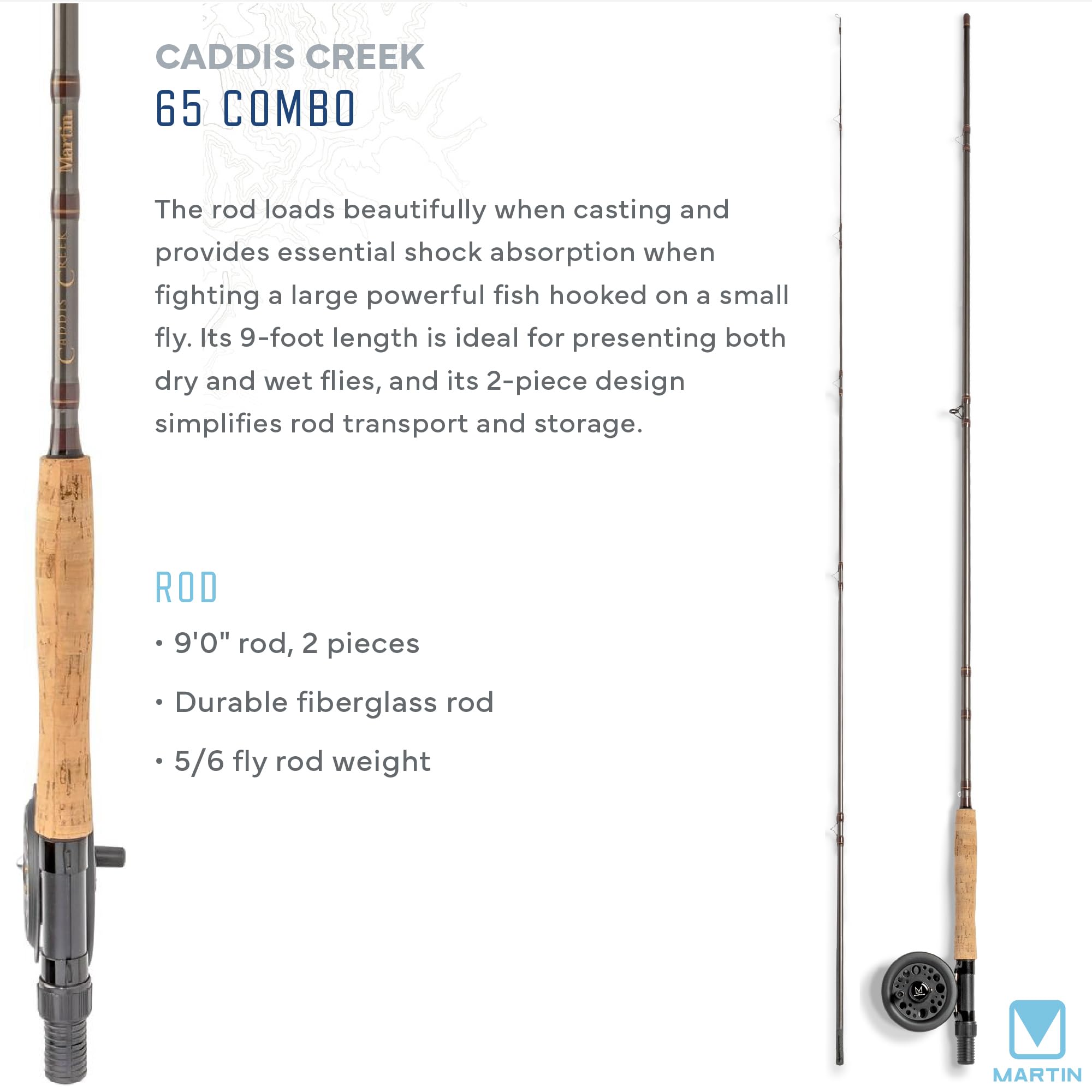 Martin Caddis Creek Fly Fishing Rod and Reel Combo, 5/6-Weight 9-Foot 2-Piece Fiberglass Rod, Moderate Fast Action, Single Action Fly Reel, Aluminum Frame and Spool, Interchangeable Retrieve, Brown, Rods