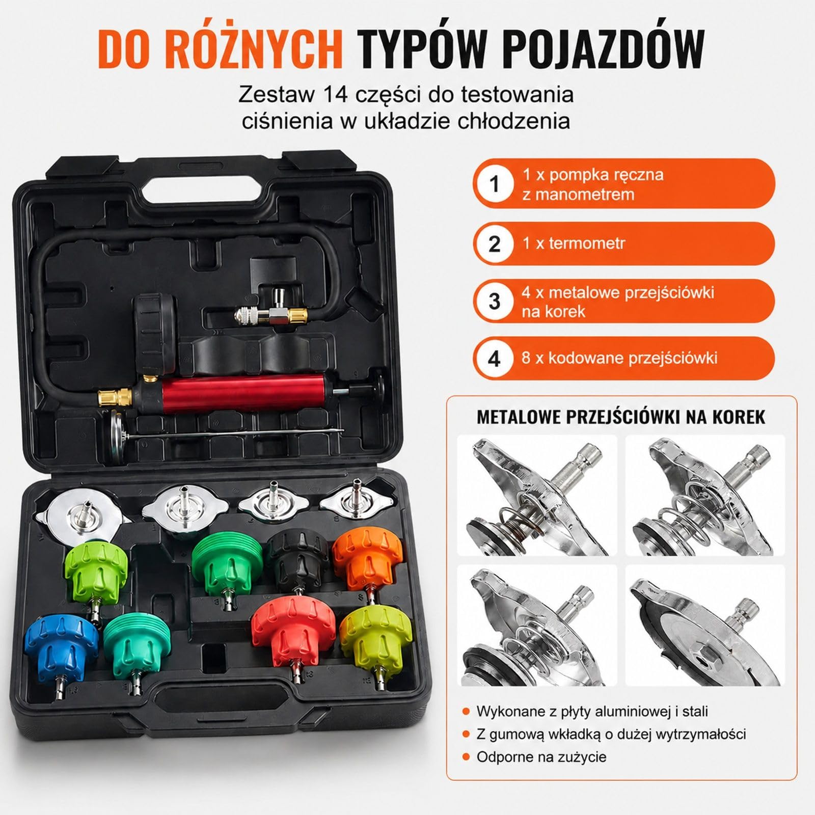 14-częściowy zestaw do testowania ciśnienia płynu chłodniczego z termometrem, 4 metalowymi adapterami i 8 korkami, urządzenie do napełniania oraz odpowietrzania chłodnicy