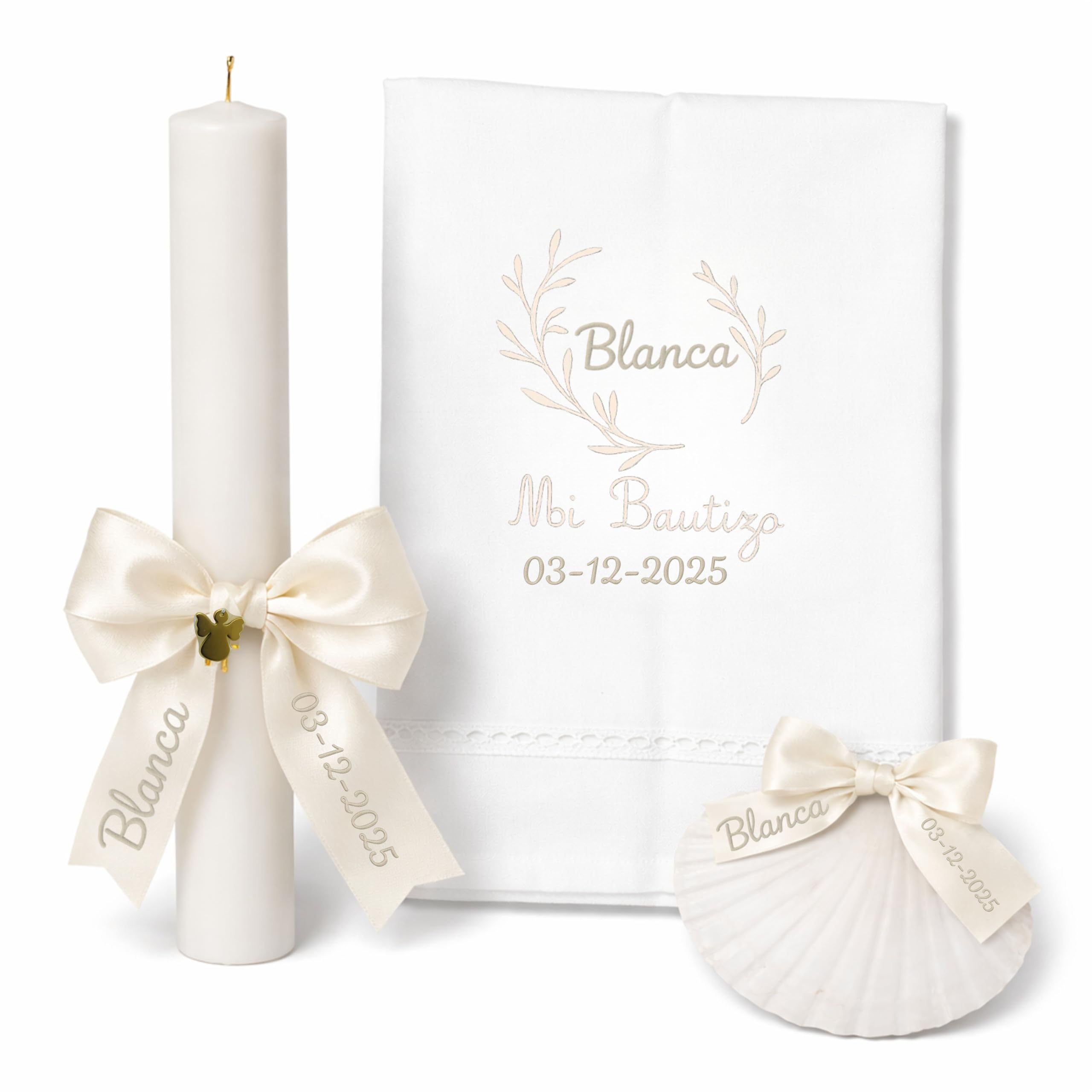 Kit de Bautizo Personalizado | Vela Artesanal con Lazo, Pañuelo Bordado y Concha Bautismal | Pack Premium con Vela Bautismo,Toalla de Bautismo Bordada, Concha Marina | El Recuerdo Perfecto (Beige)