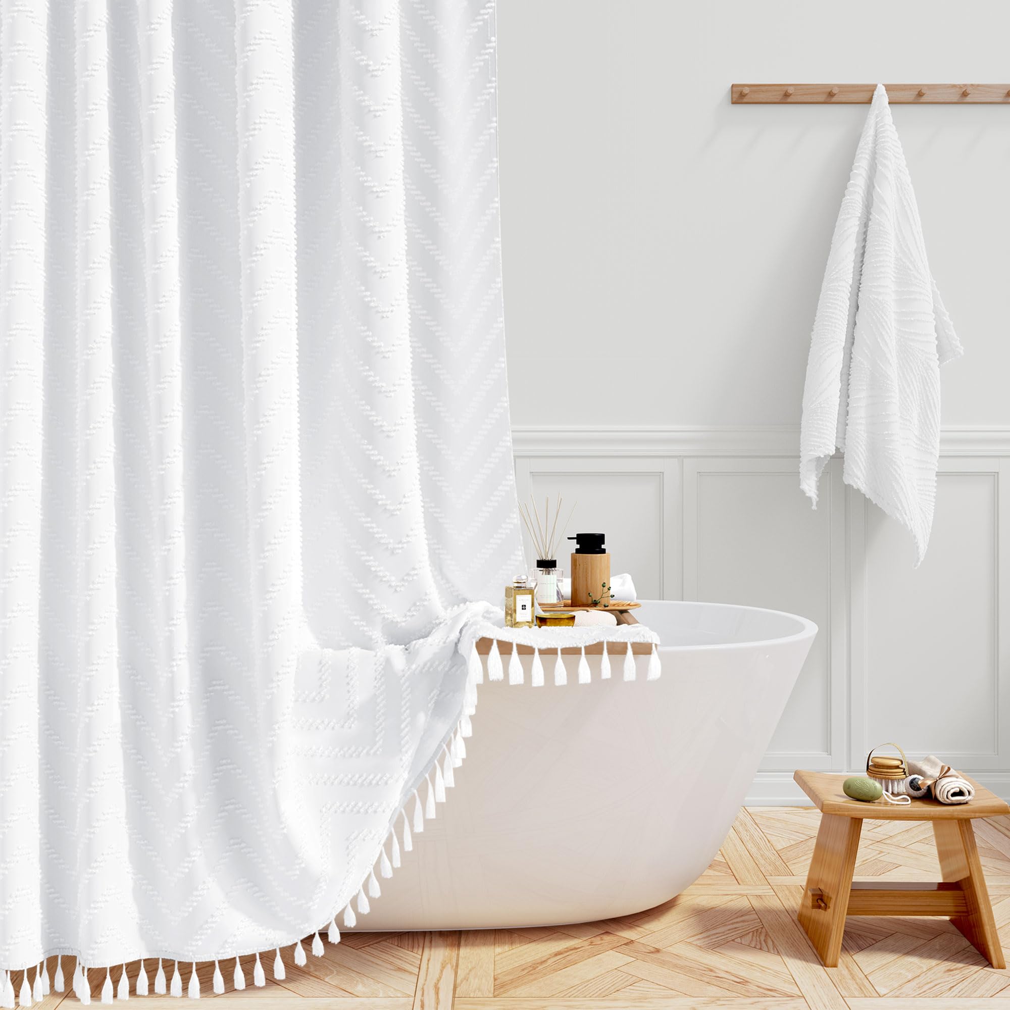Bttn White Boho Farmhouse Shower Curtain, Tufted Chevron Striped Tassel Shower Curtains, Durable And Washable With 12 Plastic Hooks, Vintage Bohemian, 182 X 182Cm,