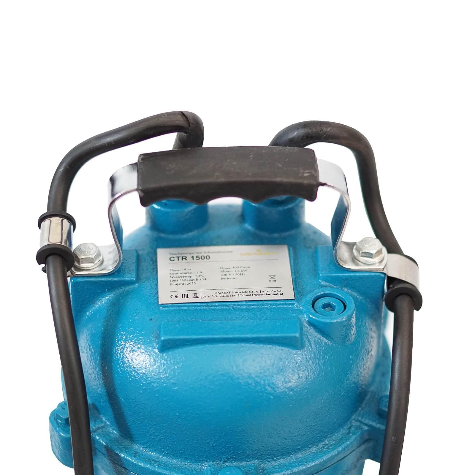 WEISBACH Professional CTR 1500 W, wydajna pompa głębinowa, pompa do fekaliów, pompa do brudnej wody z rozdrabniaczem i pływakiem, 24000 l/h + 2" sprzęgło sztorcowe + wąż C 30 m