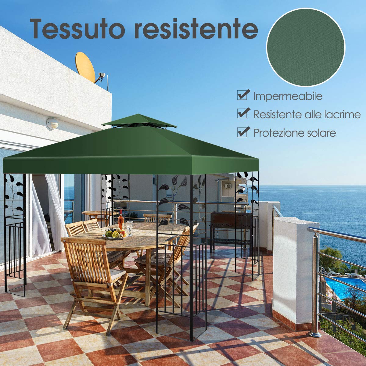 RELAX4LIFE Telo di Ricambio per Gazebo, Baldacchino a Doppio Strato con Camino Airvent, Tessuto Impermeabile, Telo Quadrato 3 x 3 m per Gazebo e Pergola Esterna (Verde)