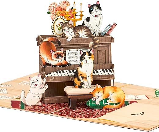 Cats on Piano Pop Up Card, Lovely, Funny, Cute, Living Room, Cat Themed, 3D Greeting Card, Ideal Gifts for Cat Lover, Birthday, Valentines,…