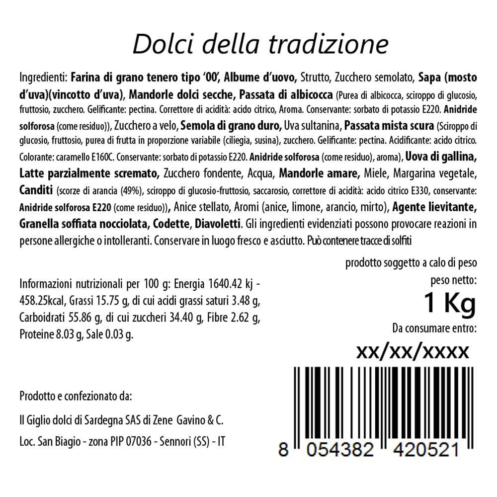 DOLCI DELLA TRADIZIONE - Mix di Biscotti Artigianali assortiti della tradizione Sarda - Pasticceria Artigiana Il Giglio Dolci di Sardegna - Confezione rigida riciclabile 1Kg