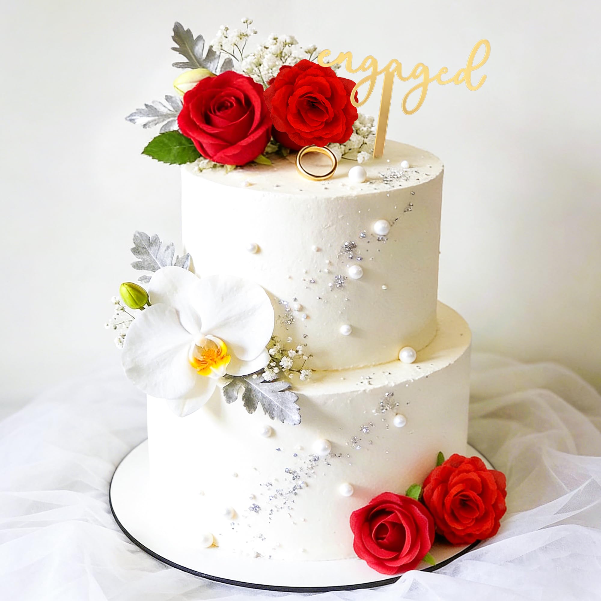 LaVenty Engaged Ring Cake Topper Rose Flower Bridal Shower Acrylic Cake Decorations for Wedding Engagement Party Cake Decorations Supplies Favors