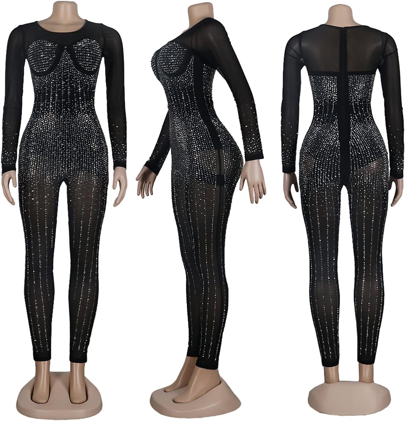 PORRCEY Sexy Jumpsuit for Women Sparkly Rhinestone Mesh See Through Hot Drilling Process Bodycon Party Club Night Romper - Image 5