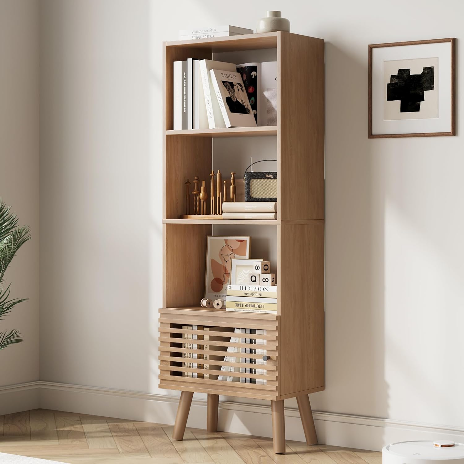 Furnify Small Narrow Corner Bookcase, 55" H Mid-Century Modern Bookshelf with Slatted Door, 4 Cube Bookcase with Open Shelf, Display Storage Cabinet for Living Room, Home Office, Oak