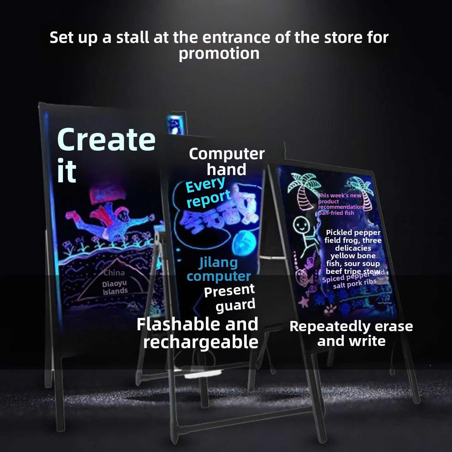 LED-beleuchtete Schreibtafel, löschbare fluoreszierende Tafel mit Ständer, leuchtende Nachrichtentafel für Shop, Nachtmarkt, Schaufensterfront, inklusive 10 Neon-Markern und Fernbedienung (schwarz, 40