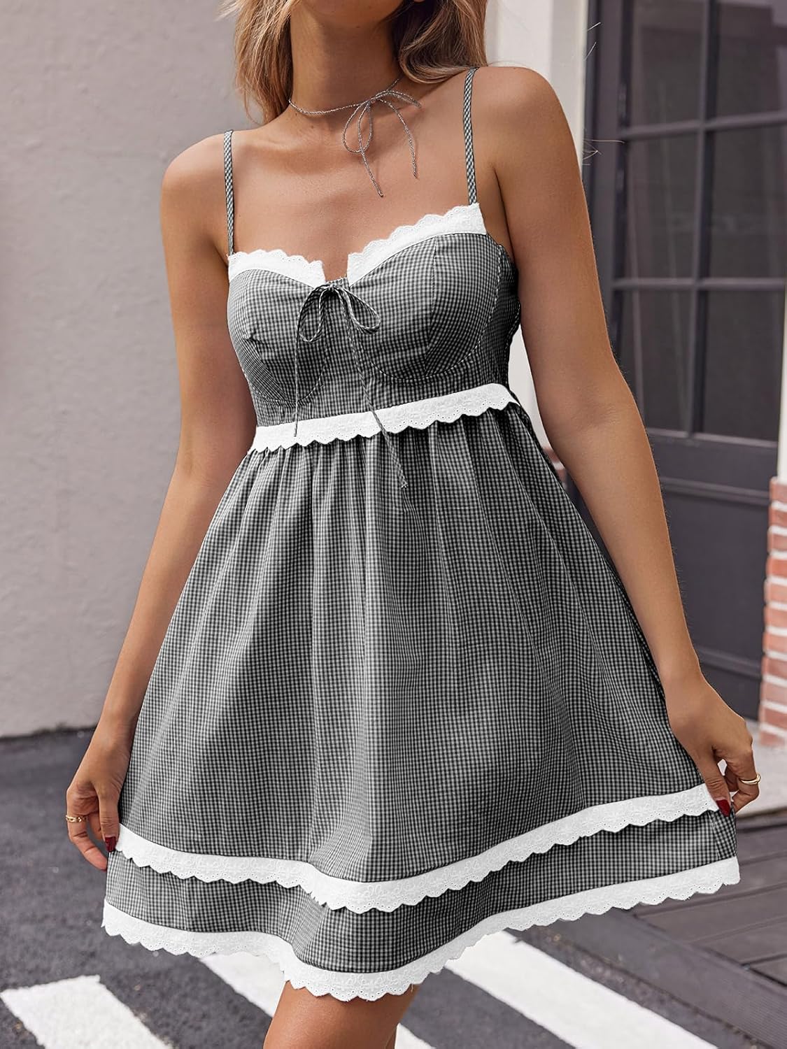 Wenrine Womens Summer Mini Dress Spaghetti Strap Sweetheart Y2K Plaid Lace Trim Tiered Beach Sundress Dresses - Image 3