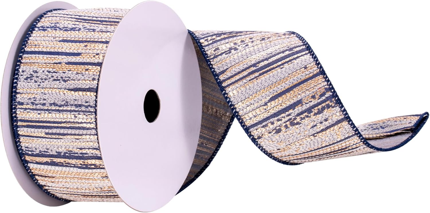 Vickerman 2.5" x 10 yd Navy, Cream, and Champagne Stripes Ribbon, Seasonal Christmas Ribbon for Gift Wrapping, Tree Decor