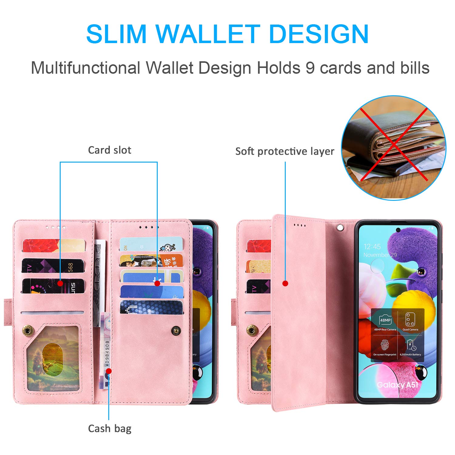 UEEBAI Wallet Case for Samsung Galaxy S21 5G, Retro 9 Card Holder Slots Zipper Pocket PU Leather Handbag Cover Magnetic Closure Kickstand with Wrist Strap TPU Shockproof Flip Case - Rose Gold