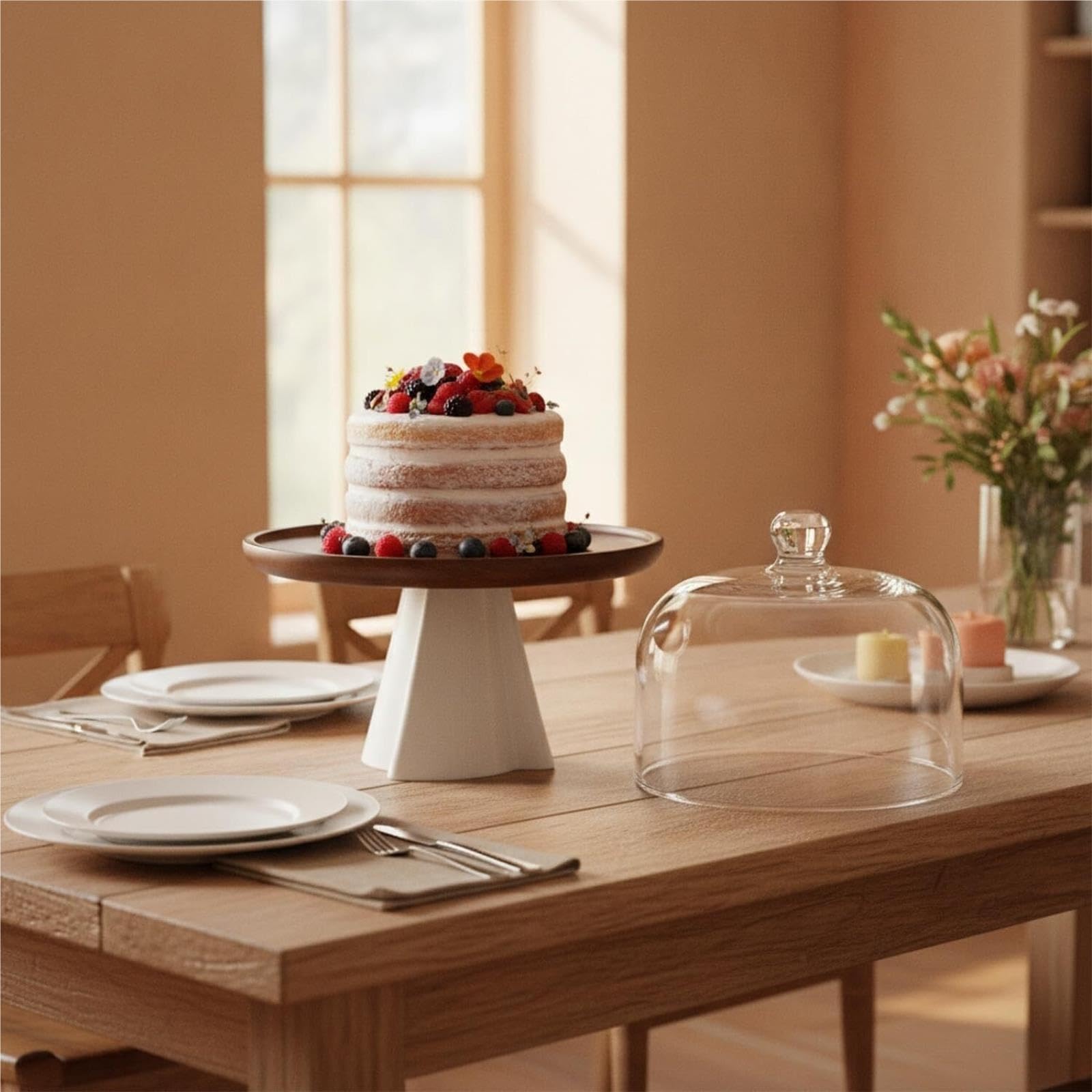 Présentoir à gâteaux en bois avec présentoir à desserts à base en céramique