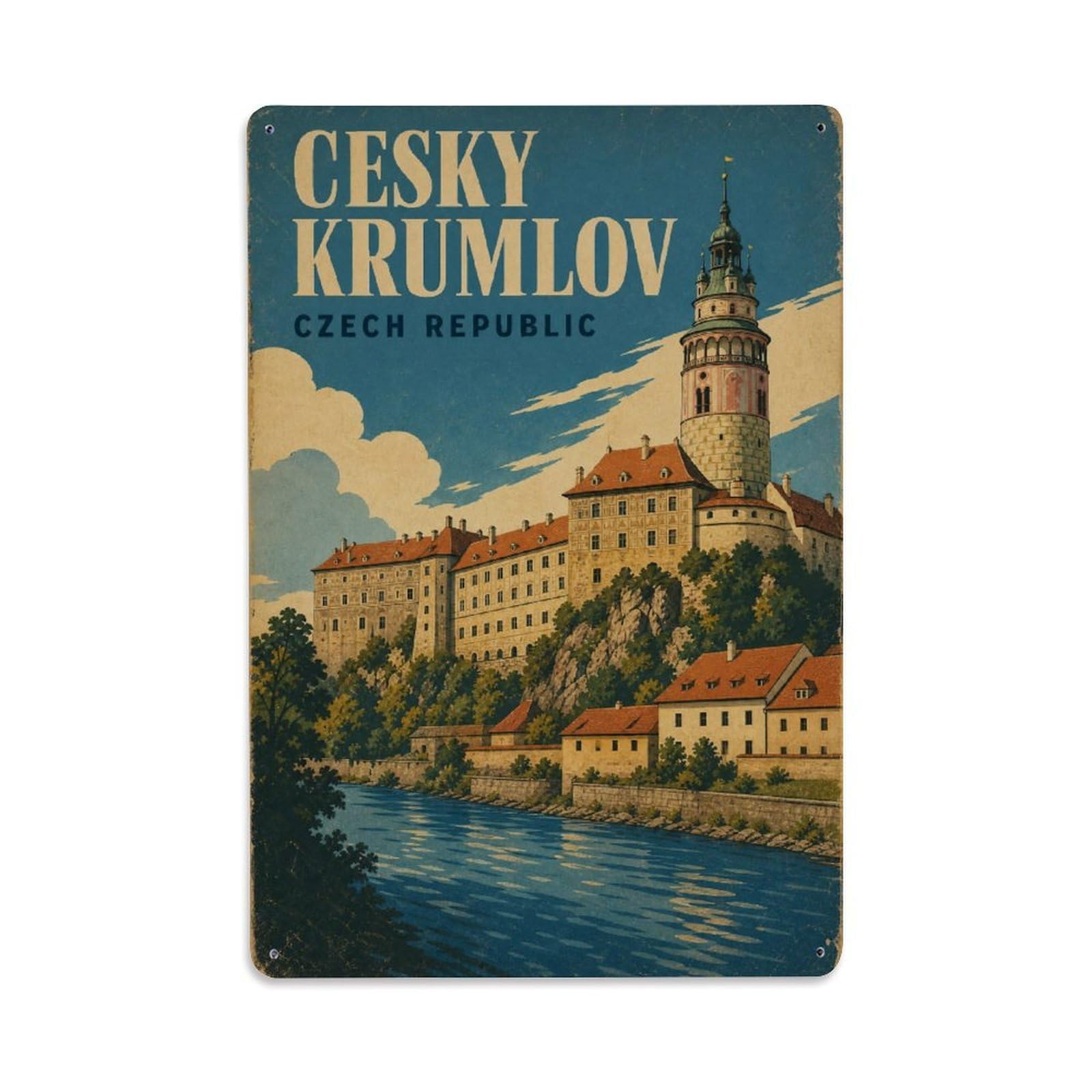 Travel Retro Czech Republic Cesky Krumlov Metal Tin Sign Plaque Wall Decor for Cafe, Club Bar, Office, Garden Metal Poster 8x12Inch
