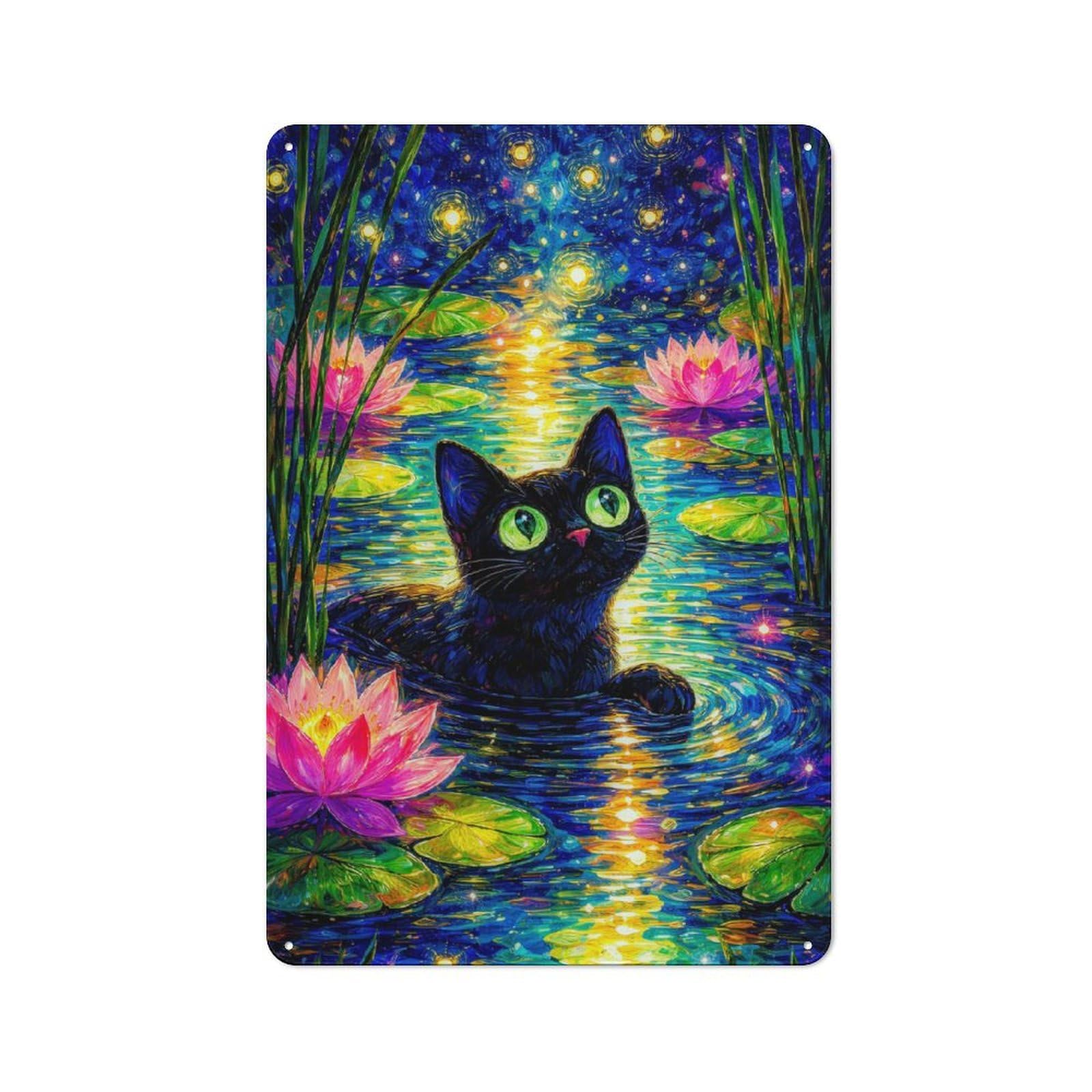 Junmoney Style-18 Tin Wall Plaque 30X20cm With Black Cat In Starry Lily Pond For Guest Room Or Hallway, For Updating Guest Room And Hallway After Moving