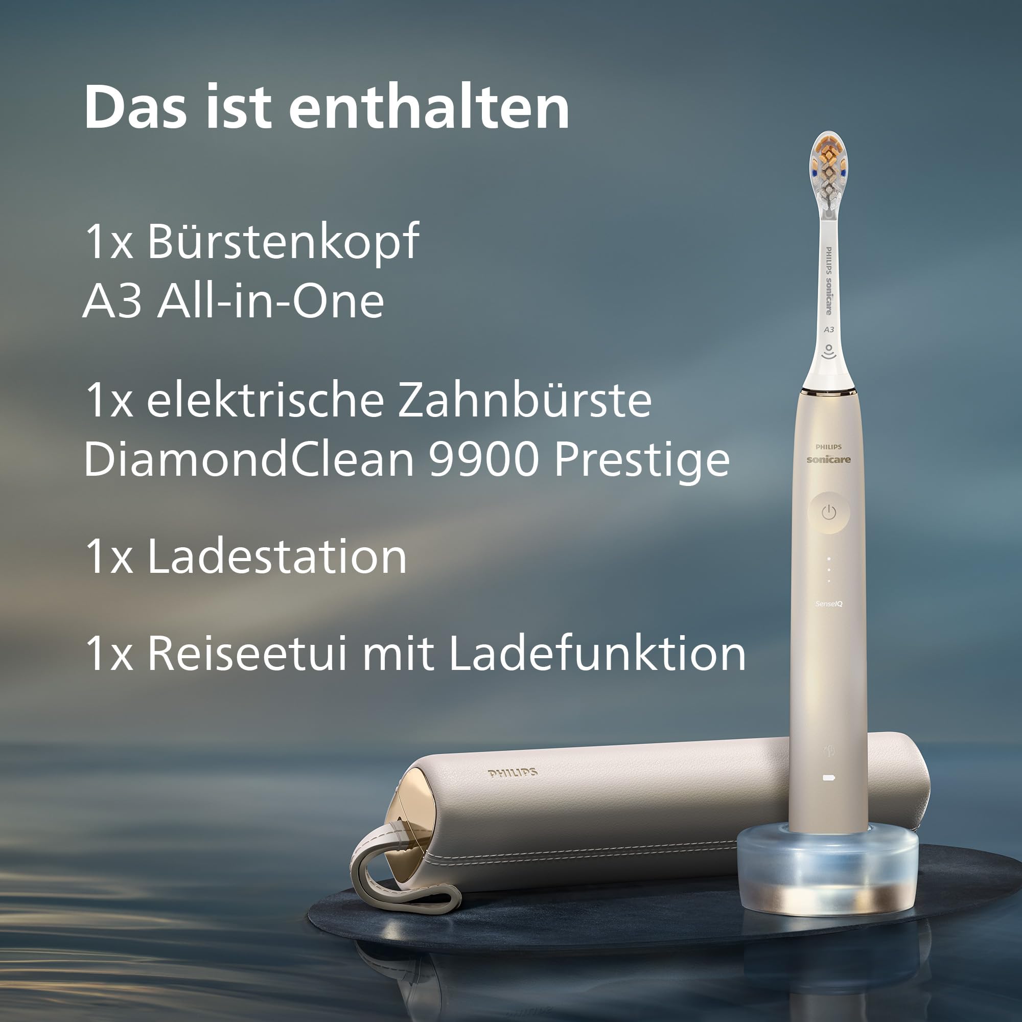 Philips Sonicare DiamondClean Prestige 9900 elektrische Zahnbürste – Schallzahnbürste mit 1x A3 Premium-All-in-One-Bürstenkopf und Ladeetui in Champagner (Modell HX9992/11)
