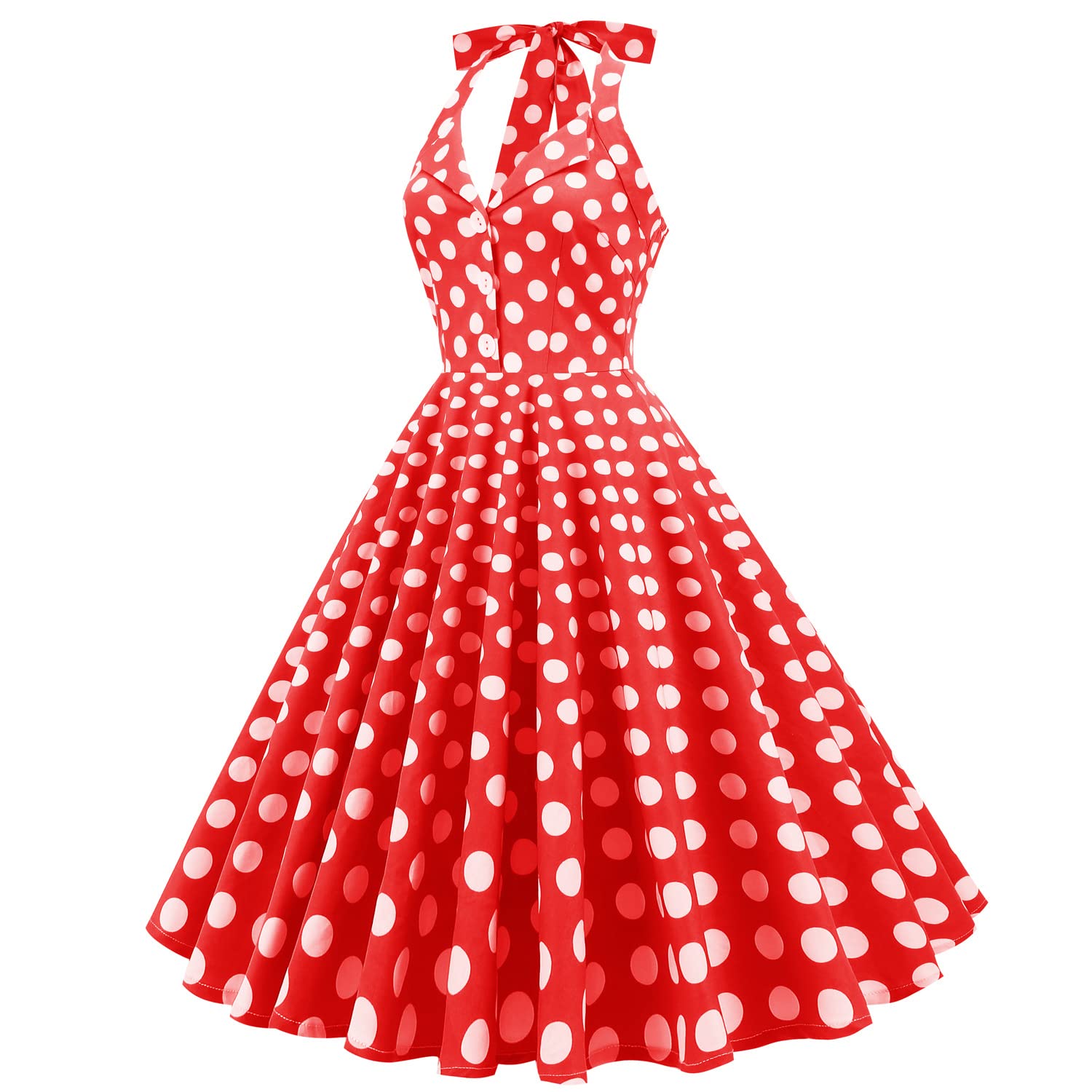 Women's 1950s Vintage Polka Dot Halter Swing Dress - Retro Rockabilly Cocktail Tea Party Dress, Audrey Hepburn Style, Blue Halter Medium - View #11
