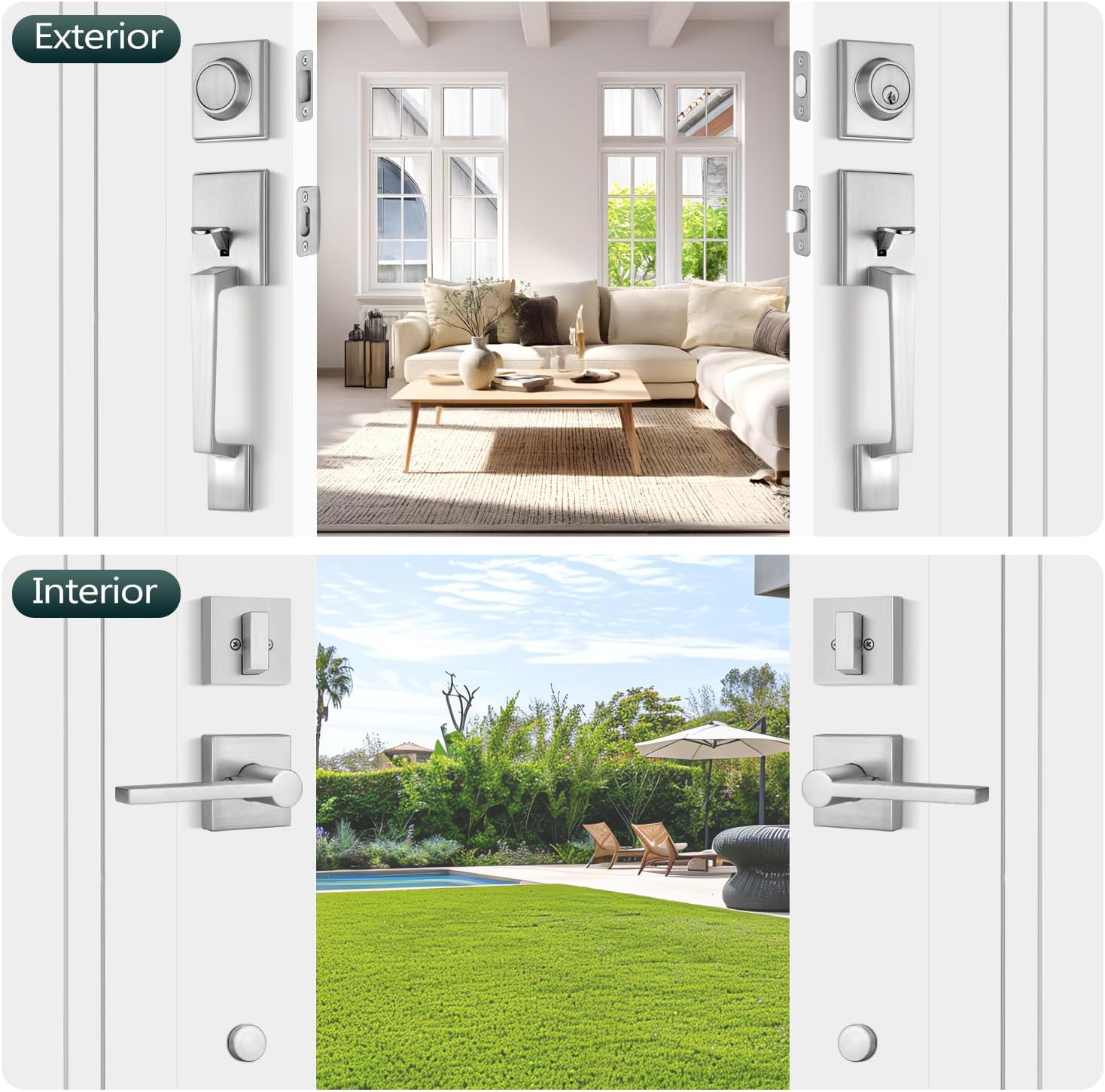 EHOMEWARE Double Front Door Lock Set, Brushed Nickel Double Door Handle Set, Exterior Door Handle with Deadbolt and Dummy, Heavy Duty Front Door Hardware, Reversible Door Lever for Left/Right Doors